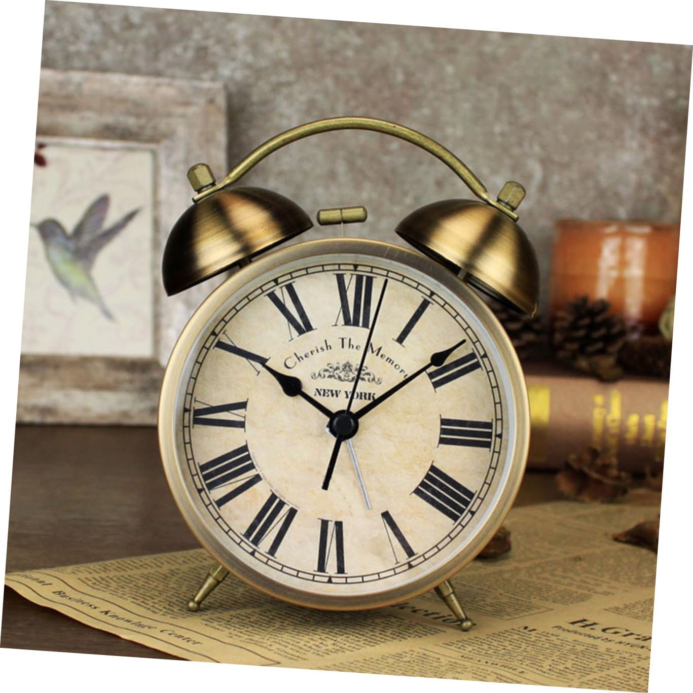 Retro Round Alarm Clock Bell Small Desktop Clock Vintage Brass Roman Numerals Creative Home Bedroom Office Decor Without Battery