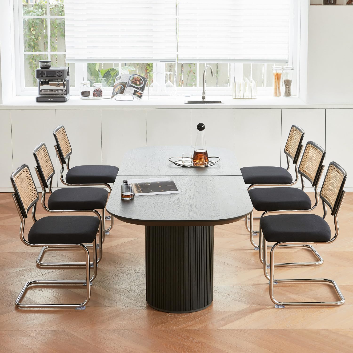 GrandNoor Rattan Dining Chairs Set, Wooden Mid Century Modern Dining Room Chairs, Mesh Back Cane Kitchen Chair, Cesca Design Chairs with Metal Chrome Legs (Black Chrome, 4PCS Dining Chairs)