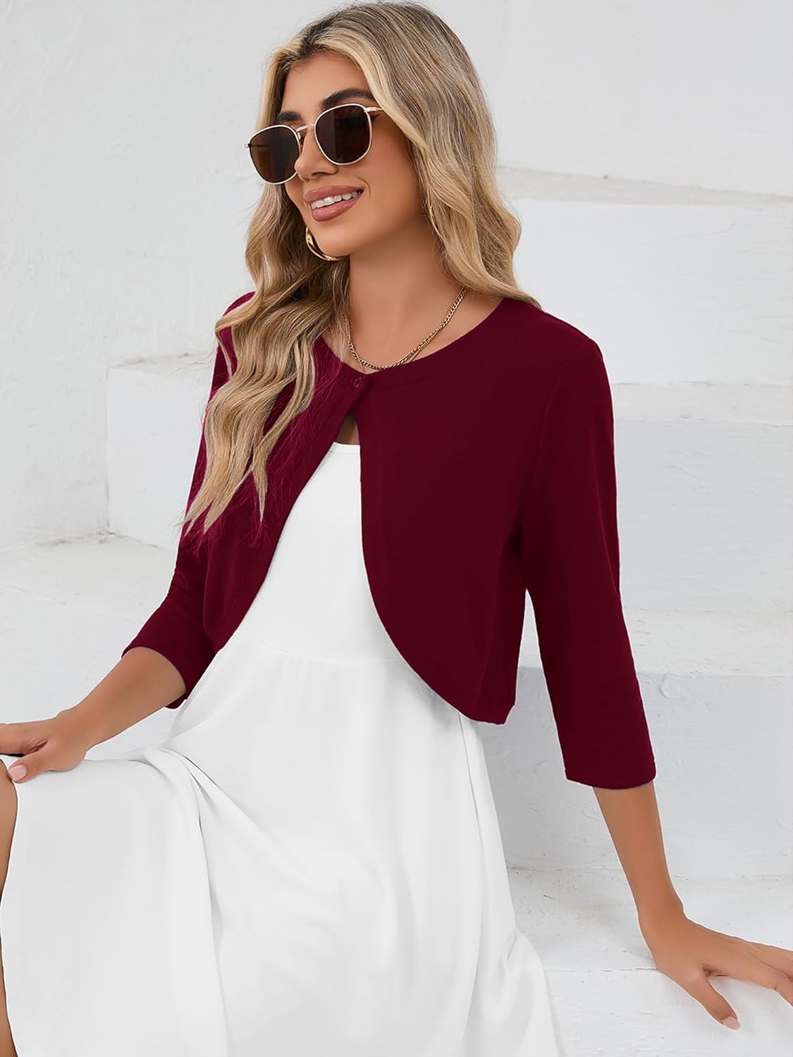 Heymoments Women's 3/4 Sleeve Casual Shrugs Lightweight Open Front Cropped Cardigan for Dresses - Image 4