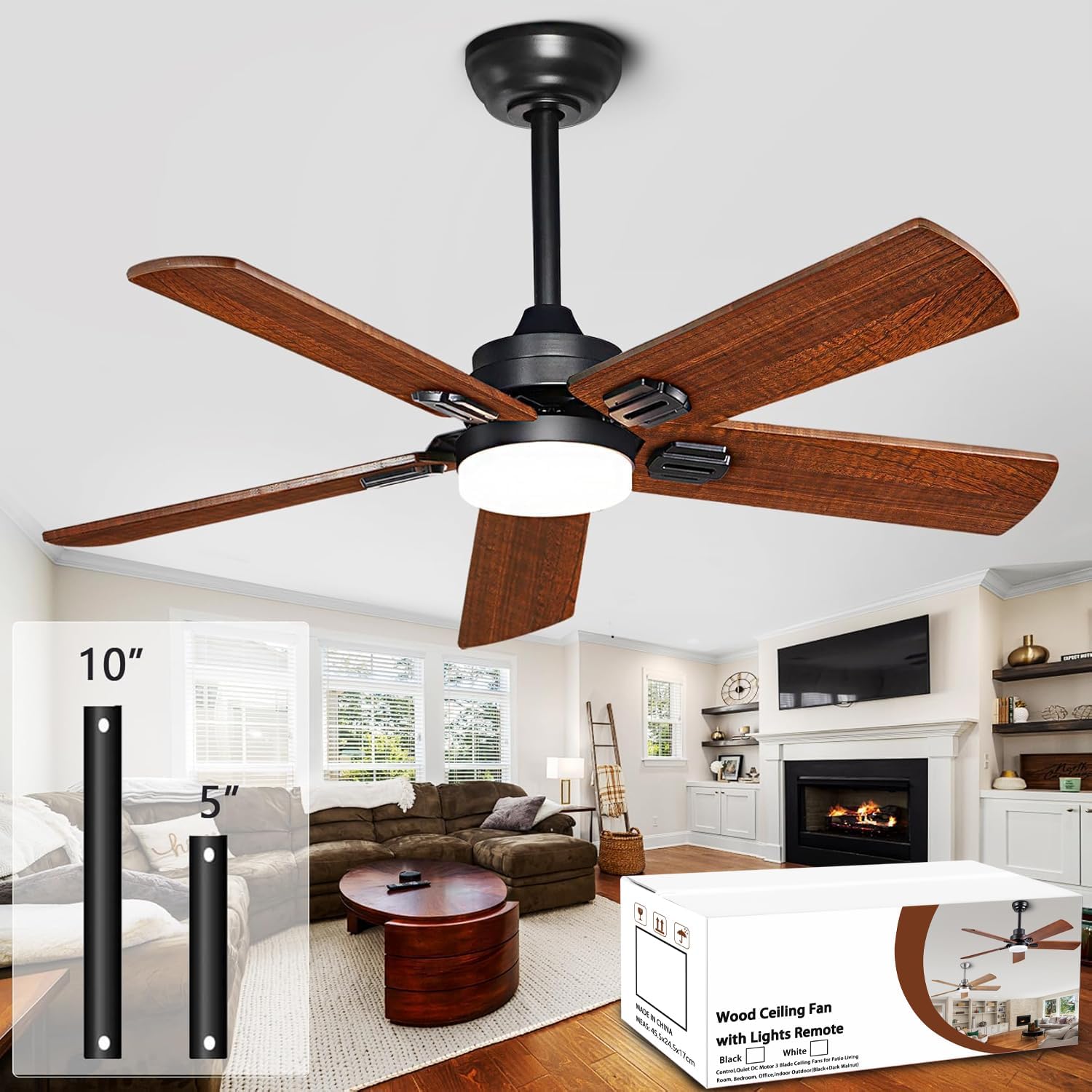 42" Lighted Ceiling Fan, Solid Wood Ceiling Fan, with Remote Control and DC Motor, 5 Blades, Suitable for Living Rooms, Bedrooms, Farmhouses, Hallways, Indoor and Outdoor Ceiling Fans - Black + Walnut 42-inch Black + Walnut