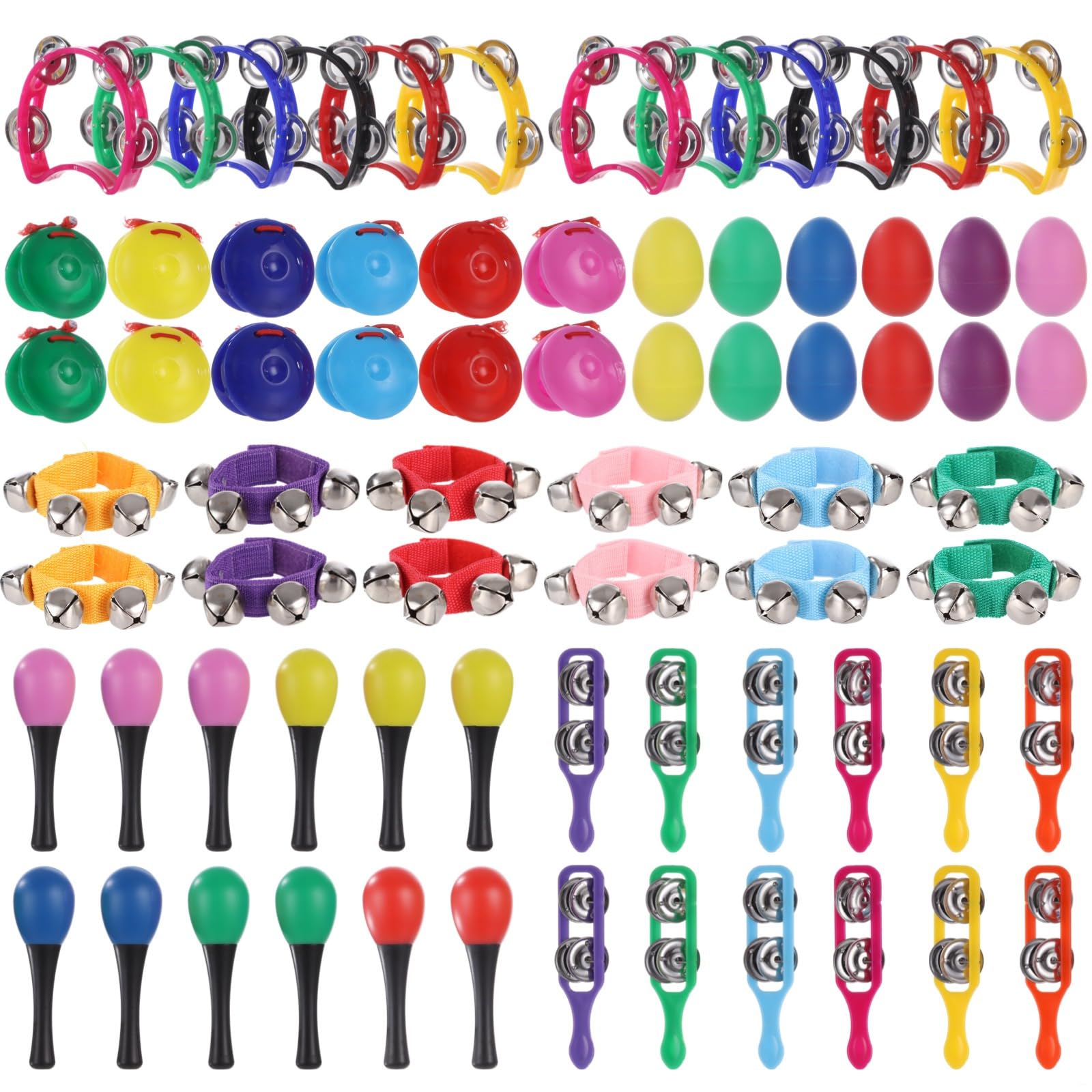 Juego de instrumentos musicales de percusión de 72 piezas, con agitadores de huevos, maracas, panderetas, campanas de muñeca, bandas de mano, castañuelas de plástico, para práctica de ritmo y