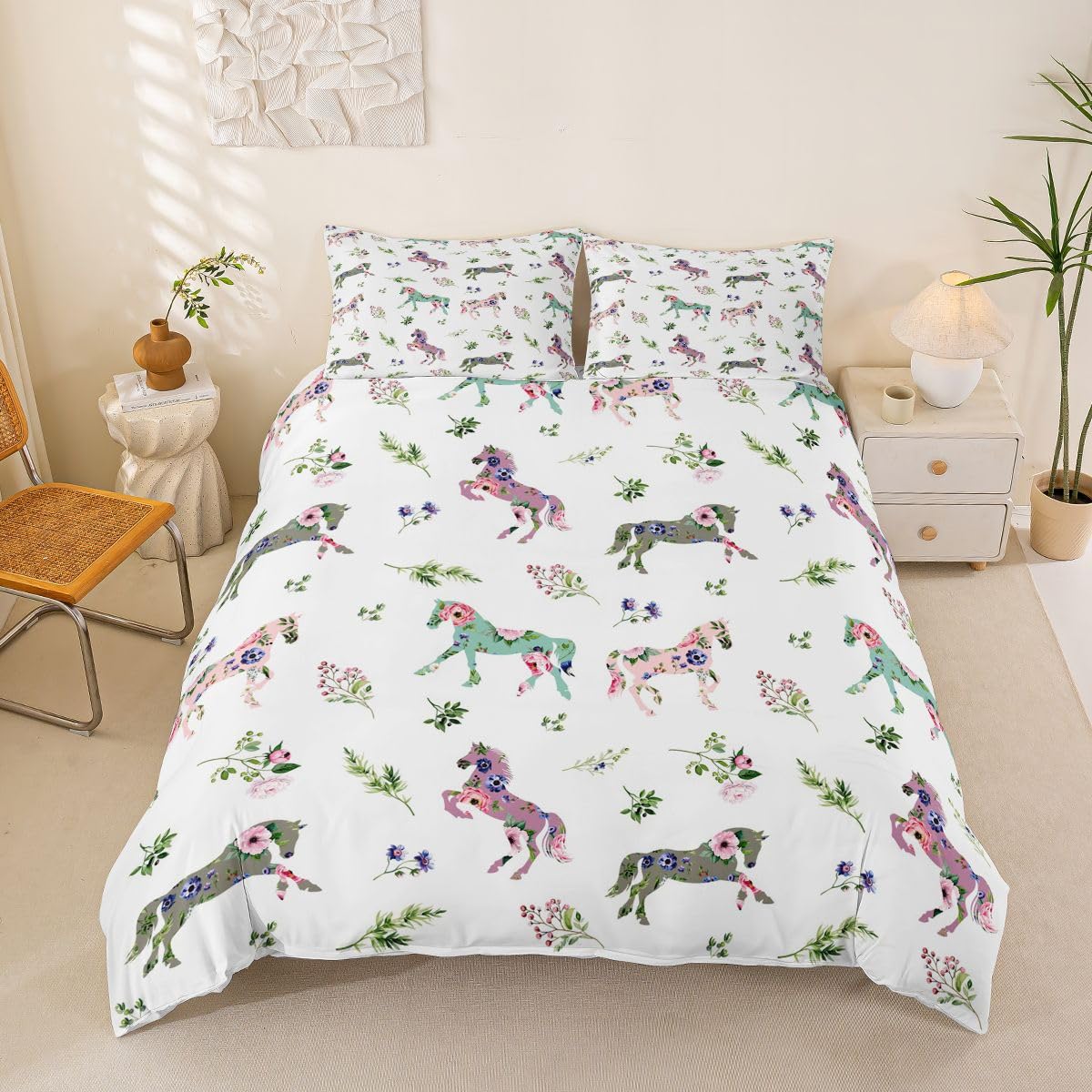 Homemissing Horse Duvet Cover Set Cot Size for Kids Boys Girls Cute Silhouette Bedding Set Floral Print Duvet Cover with 1 Pillowcase Western Gifts for Equestrian Bedding — image 1
