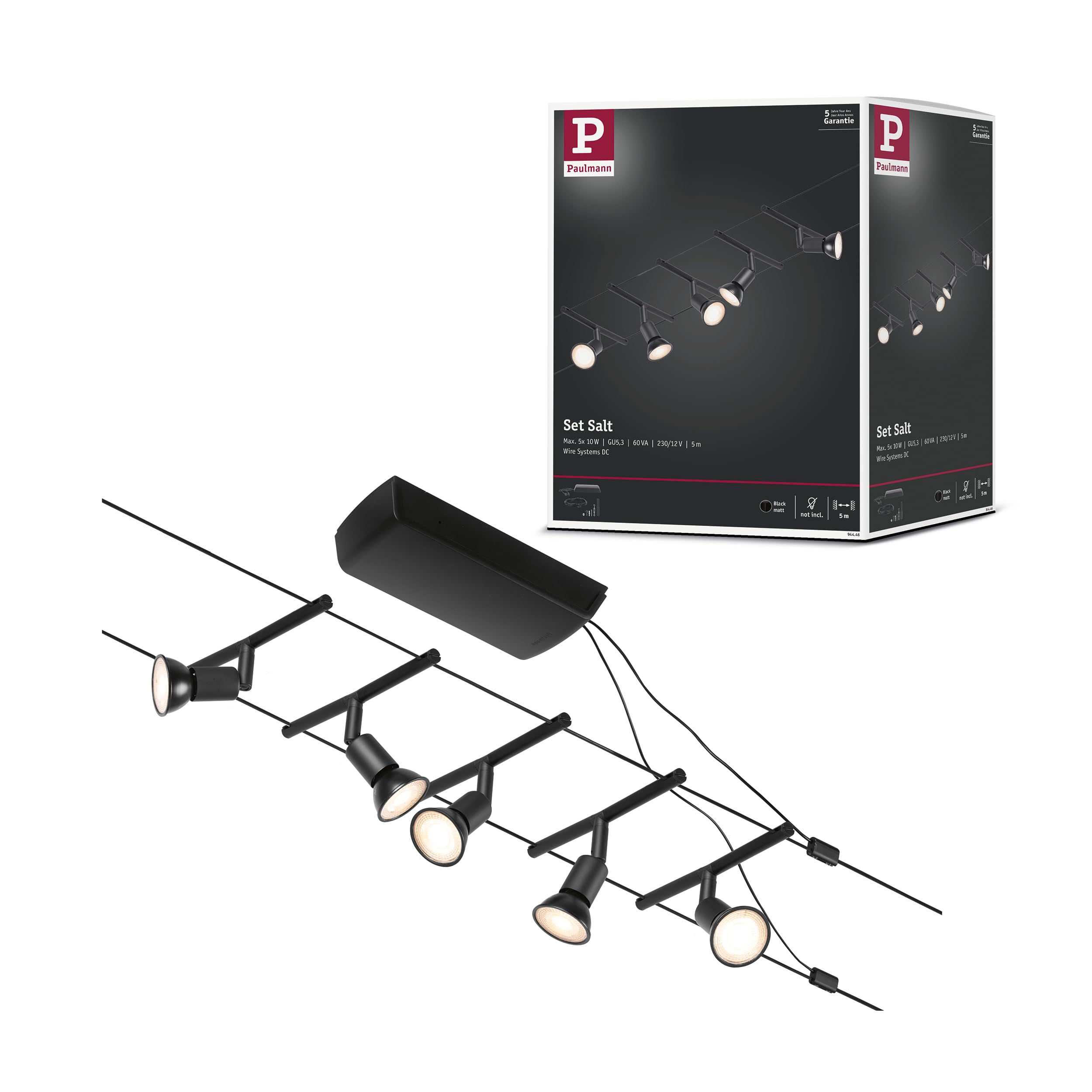 Paulmann 94446 CorDuo Set Système de Câbles Salt DC 5 x 10 watts max, Éclairage Extensible Noir Mat Câble Métallique Matière Plastique GU5,3 Système de Câbles sans Ampoules