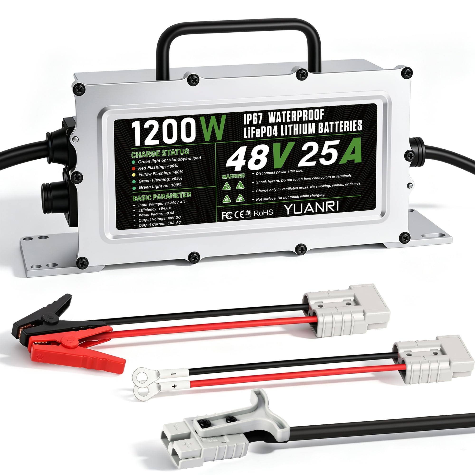 Caricabatteria al litio da 25A 48V 48 volt Lifepo4 Caricabatteria | Sveglia 0V, impermeabile IP67, 8 protezioni, caricabatterie intelligente, connessione 3, indicatore a 3 colori