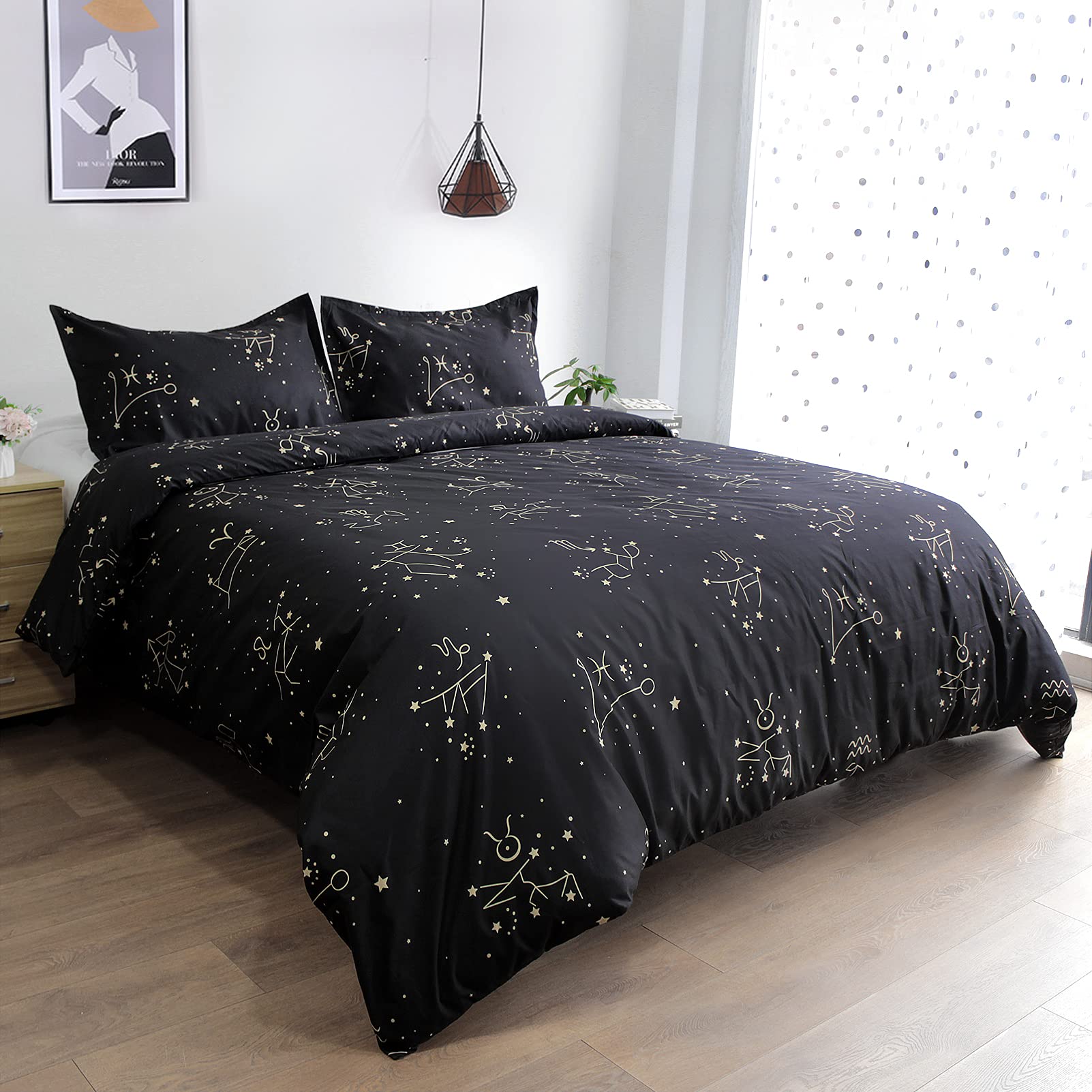 Zodiac Duvet Cover Queen Set - Space Theme Comforter Cover Mysterious Constellation Patterned Quilt Cover with Zipper Closure, Soft Breathable, ZHH