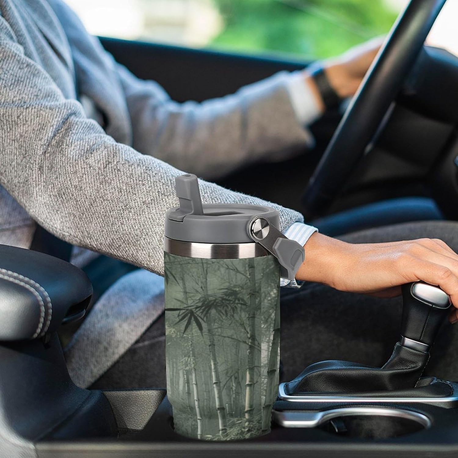 30 Oz Insulated Mug with Handle Lid And Straw Path in The Bamboo Forest Pattern Large Metal Sports Bottle Great for Gifts Parties Office Coffee