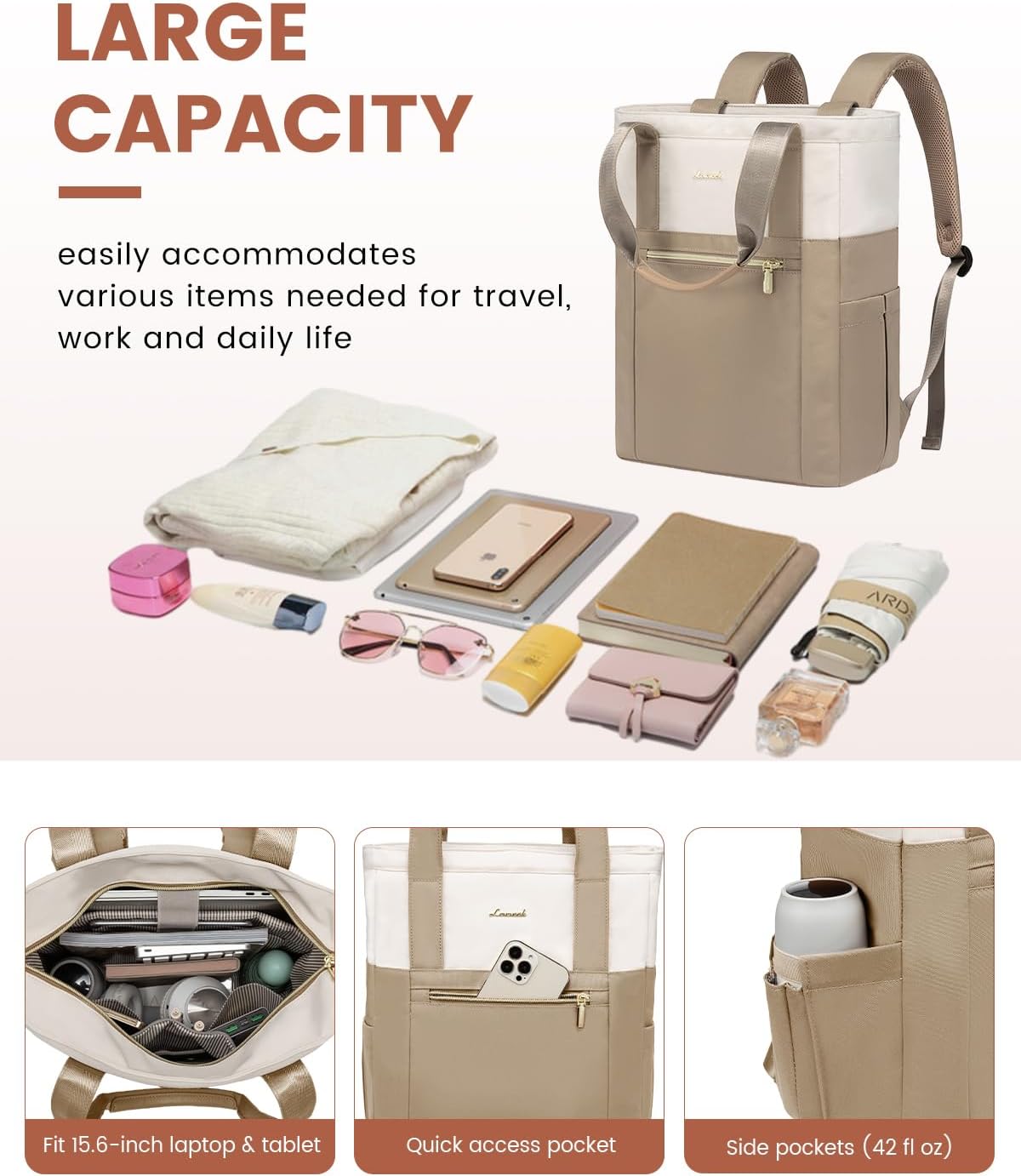 LOVEVOOK Laptop Backpack for Women, 15.6’’ Laptop Bag for Women Tote Bag Convertible, Lightweight Travel Backpack for College, Wide Open Work Backpack for Nurse Teacher Water-resistant Khaki - Image 3