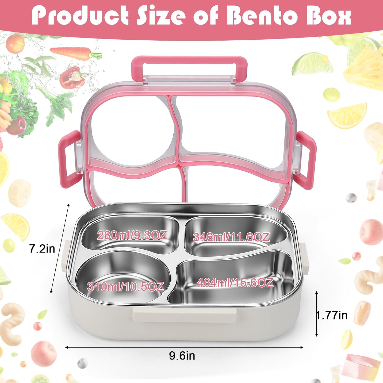Palksky Lunch Box Stainless Steel, Metal Bento Boxes Leak-Proof, 4 Compartments Bento Lunch Box, Food Storage Containers, Dishwasher Safe - Pink - Image 2