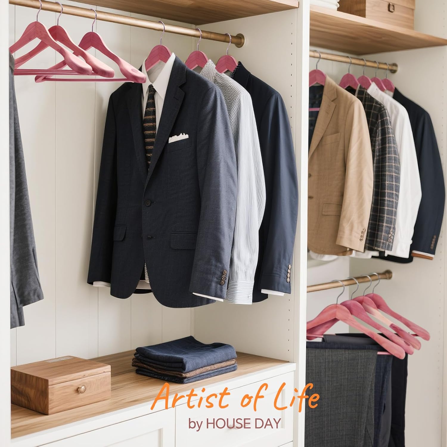 HOUSE DAY Wide Shoulder Cedar Hangers for Suits and Coats with Non Slip Pant Bar,360° Swivel Hook, Smooth Finish Cedar Wood Hangers for Closet, Closet Essentials, 5 Pack - Image 8