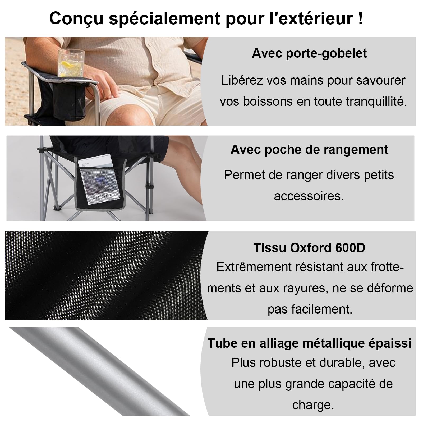 Chaise Pliante Camping XXL Haute Charge 160KG+,pour Plage/Camping/Pêche | Confort longue assise, sac de rangement inclus, adapté toutes morphologies, pliage 1 seconde, usage jardin balcon