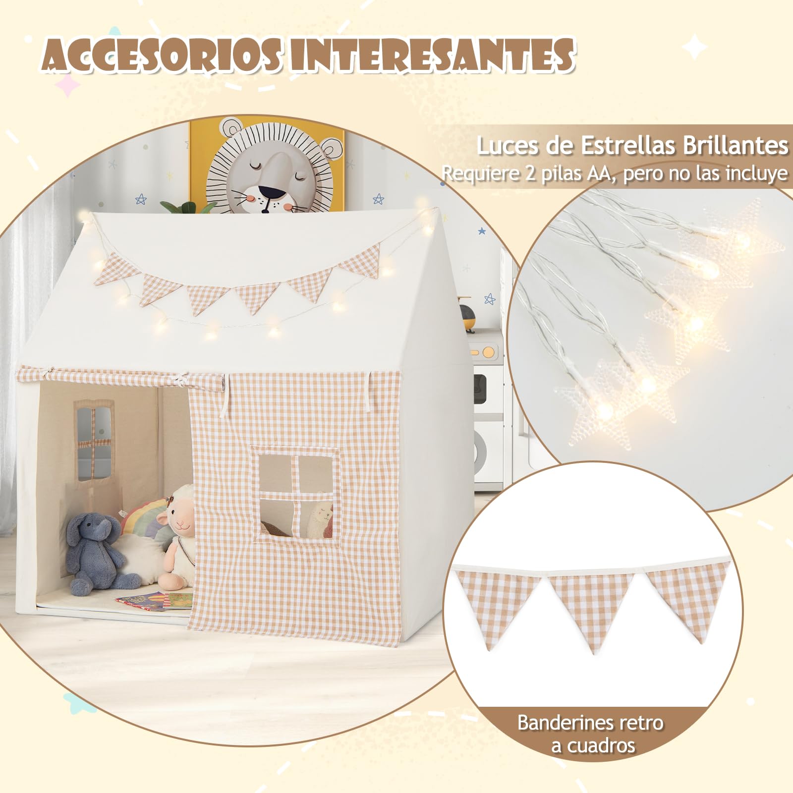 GOPLUS Tienda de Campaña con Tapete Acolchado, Luces de Estrellas y Banderines a Cuadros, para Interiores y Exteriores con Ventanas, Puertas Enrollables Y Bolsillos, para Niños de 3 a 8 Años (Beige)