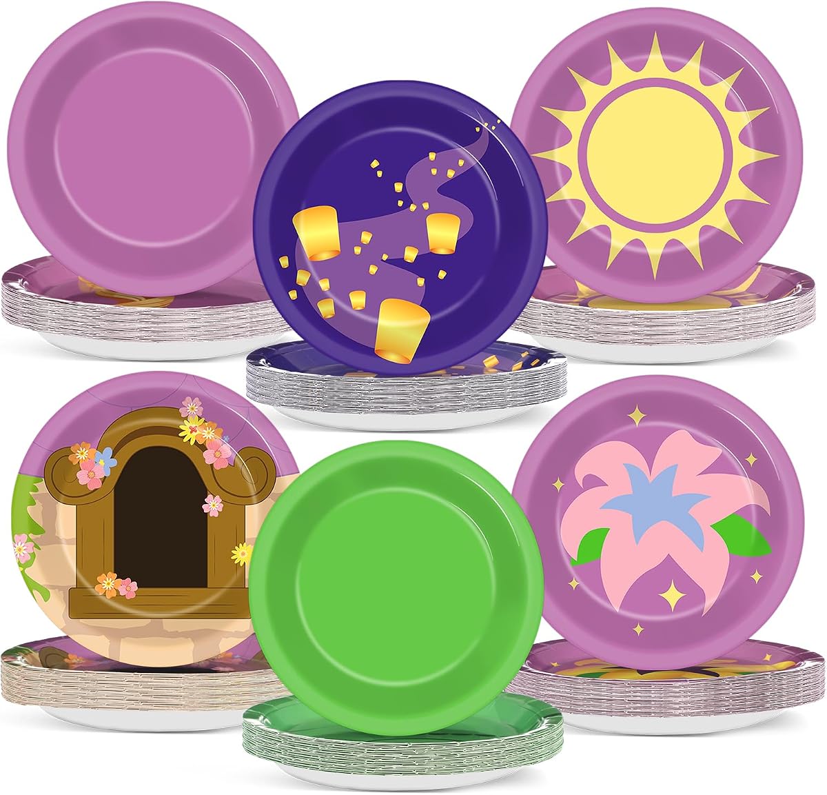 60PCS Princess Birthday Party Supplies 7Inch Purple Sun Dessert Paper Plates Princess Sun Themed Disposable Tableware Set Long Blonde Floral Hair Design Plates for Baby Shower Party Decor