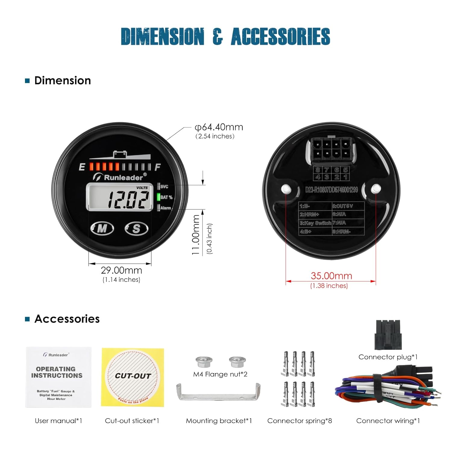 Runleader DC12V 24V 36V 48V Mini Battery Indicator Volt Meter for Lead Acid LiFePO4 Lithium Battery Powered Golf Cart Forklift Lawn Mower Scrubber Machine Motorhome etc.