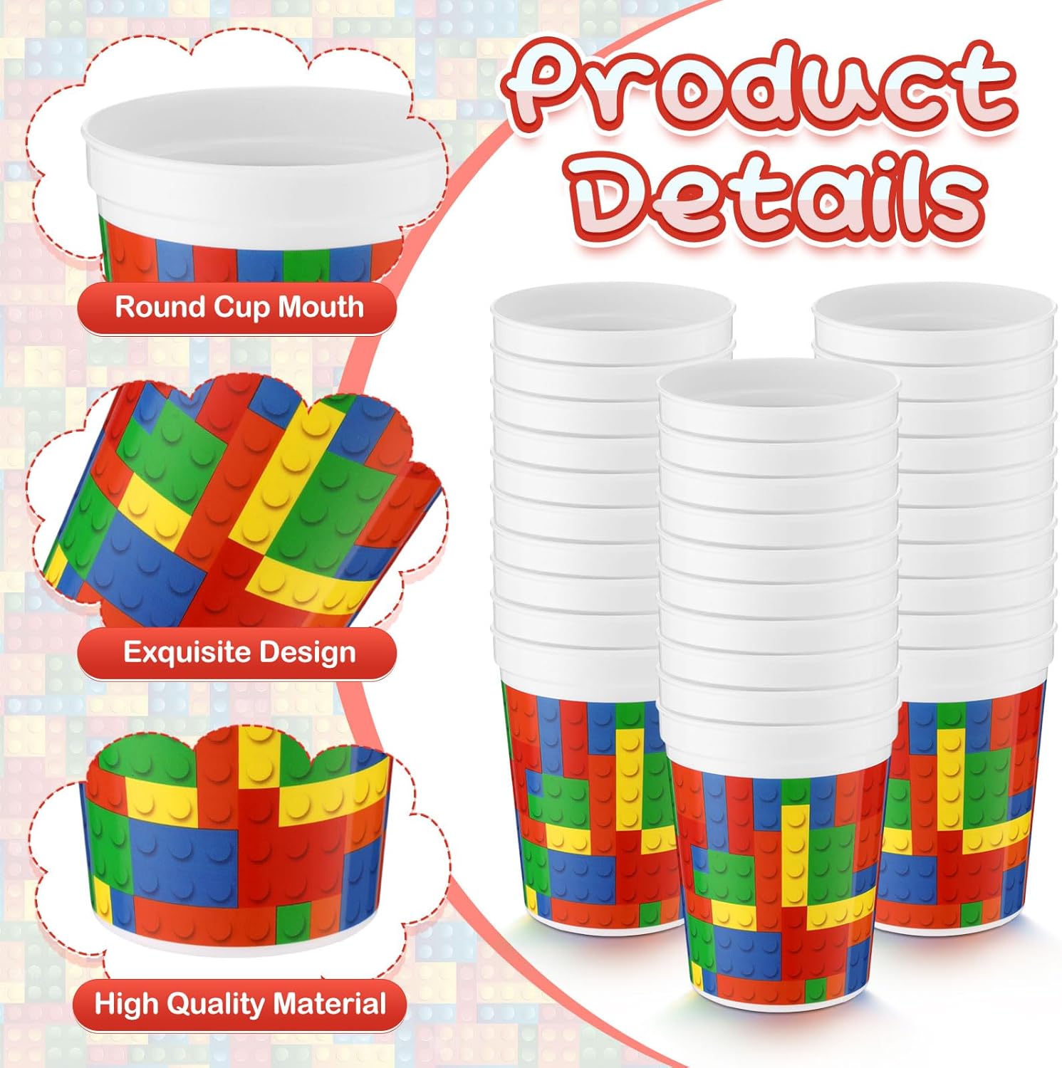 Yungyan 48 Pcs 16oz Building Block Plastic Cups Building Block Birthday Party Supplies Reusable Colorful Drink Cups for Party Celebration Cartoon Carnival Decoration