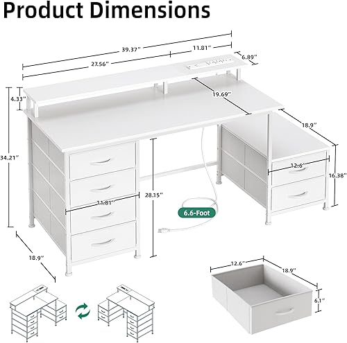 Miniatura 3 de Flrrtenv Escritorio de oficina de 52 pulgadas con 6 cajones y espacio de impresora para almacenamiento, escritorio reversible para computadora con