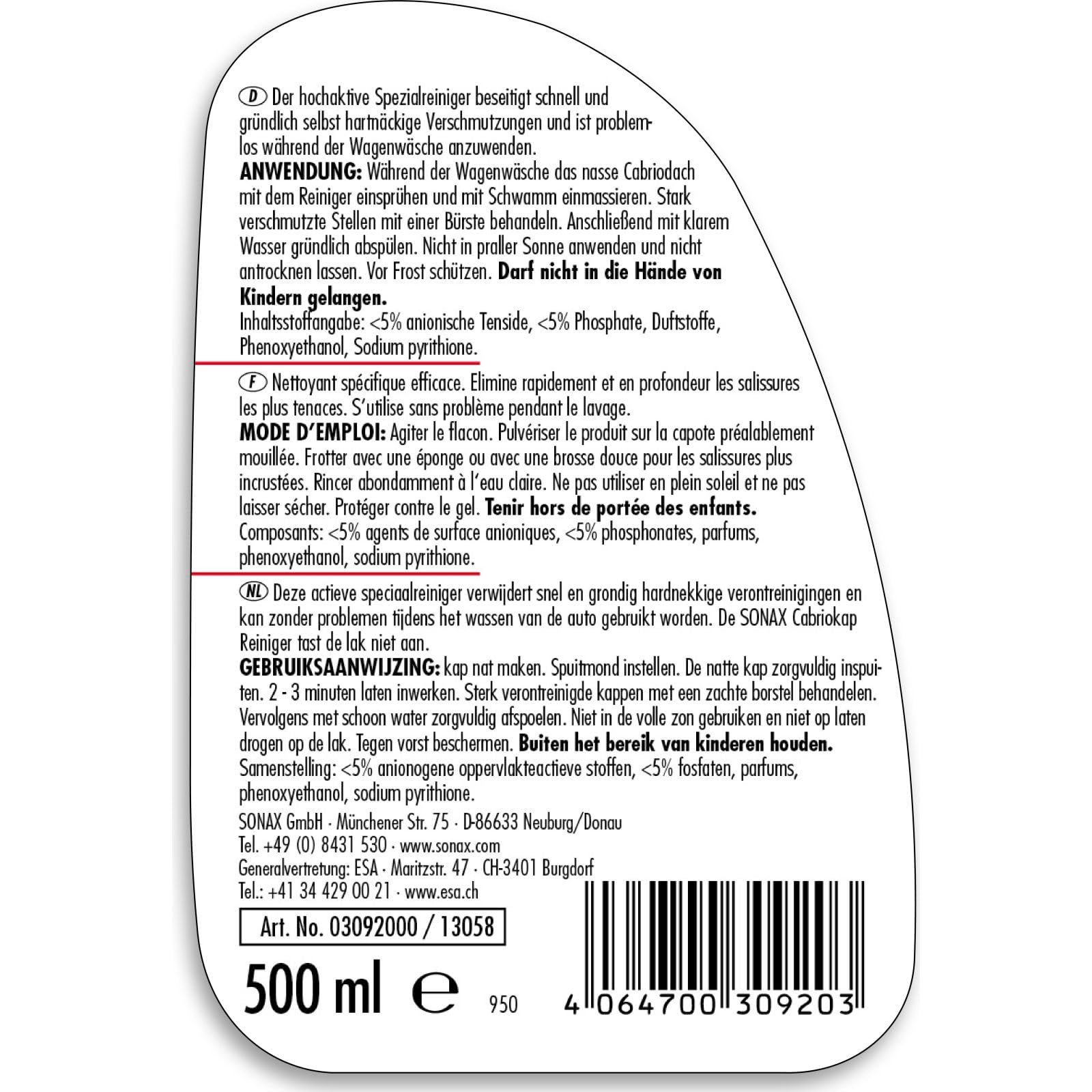 Sonax 03092000 - Detergente per capote cabriolet (500 ml)