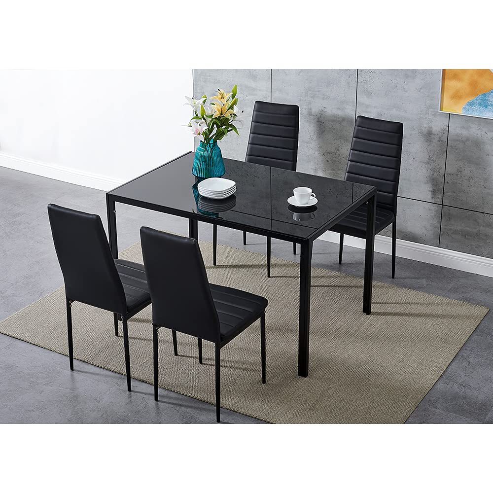 Panana Modern Gorgeous Glass Dinning Table With Faux Leather Chairs Set (120cm Table & 4 Chairs,Black)