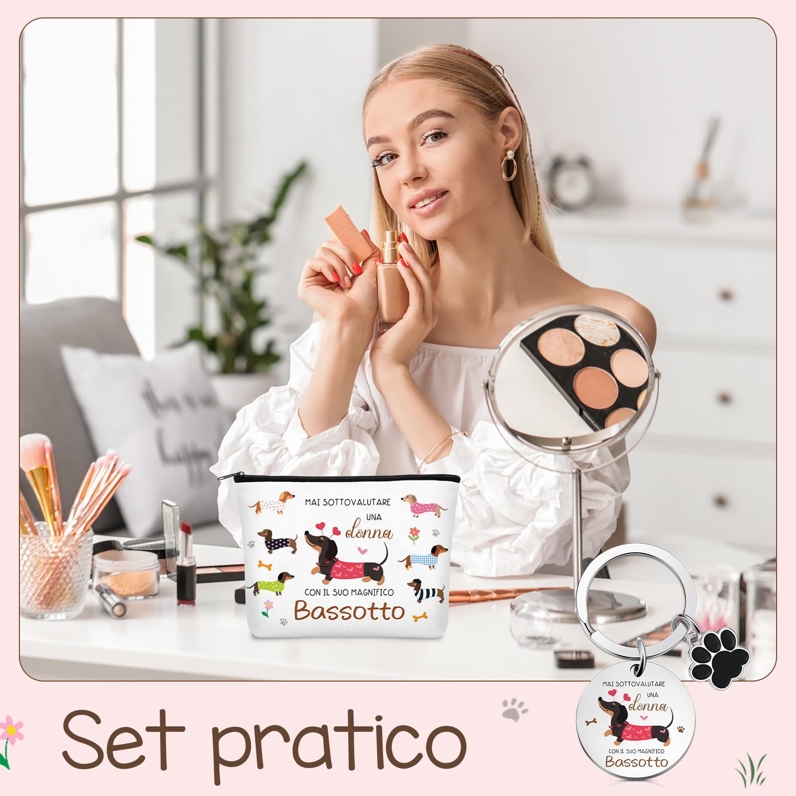 Xuniea Set Regalo Bassotto per Donna Borsa per Cosmetici con Cerniera di Bassotto Multifunzionale Grande Capacità Portachiavi Ideale per Viaggio Compleanno Natale Amica Fidanzata