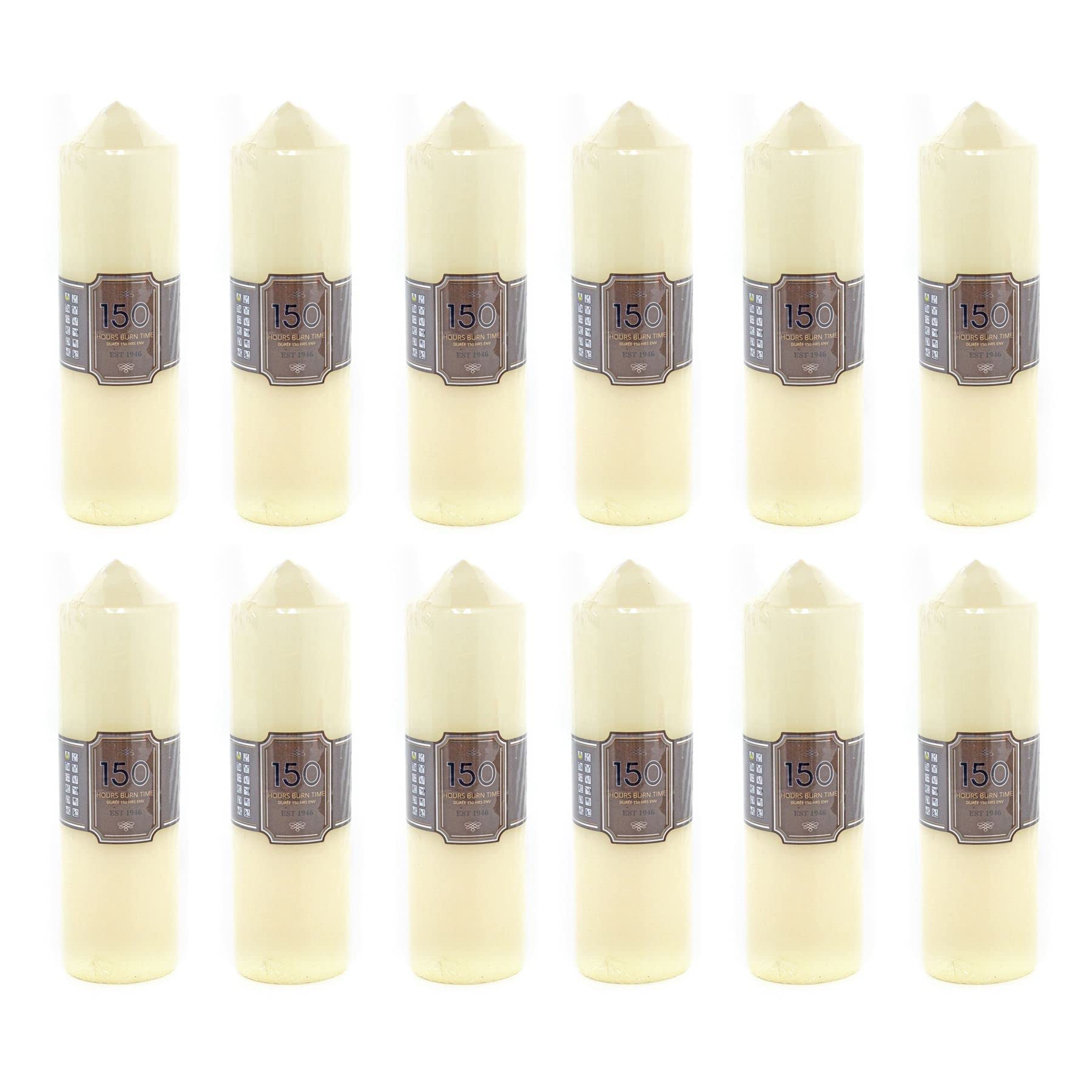 Pack of 12 x 150 Hour Cream Church Pillar Candle | 24cm x 7cm Ivory Block | Unscented Tall Votive Lantern