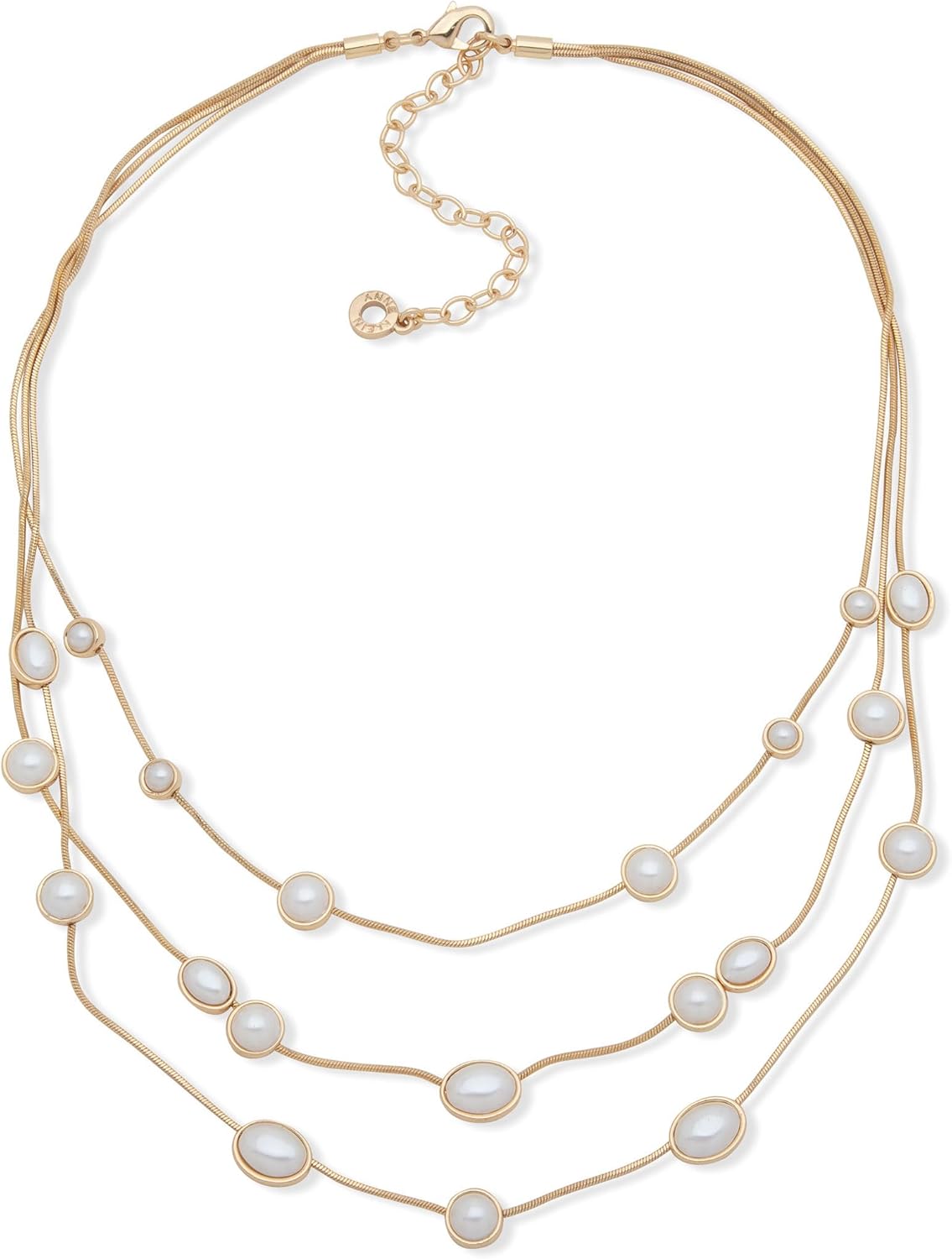 Anne Klein 16" Gold and Pearl Necklace Featuring Multi Row Frontal Drop, Pearl Accents, 3" Extender, and Lobster Clasp Closure