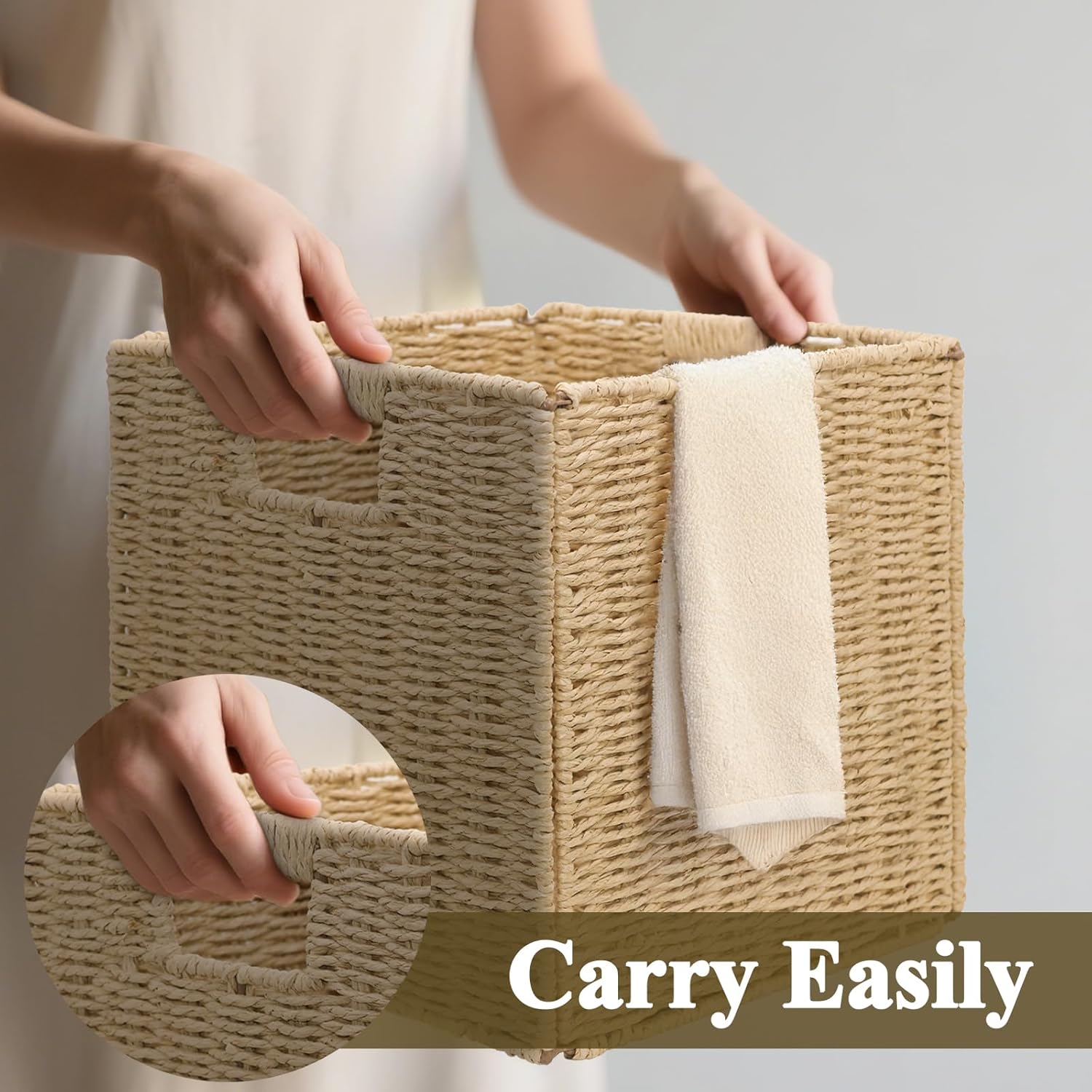 Wicker Storage Baskets for Organizing, 3 Pack Rustic Foldable Square Basket for Shelves, Handwoven Cubby Organizer Bins for Home Decor, Small Cube Storage Bin for Closet Organization (Natural 11 inch) - Image 4