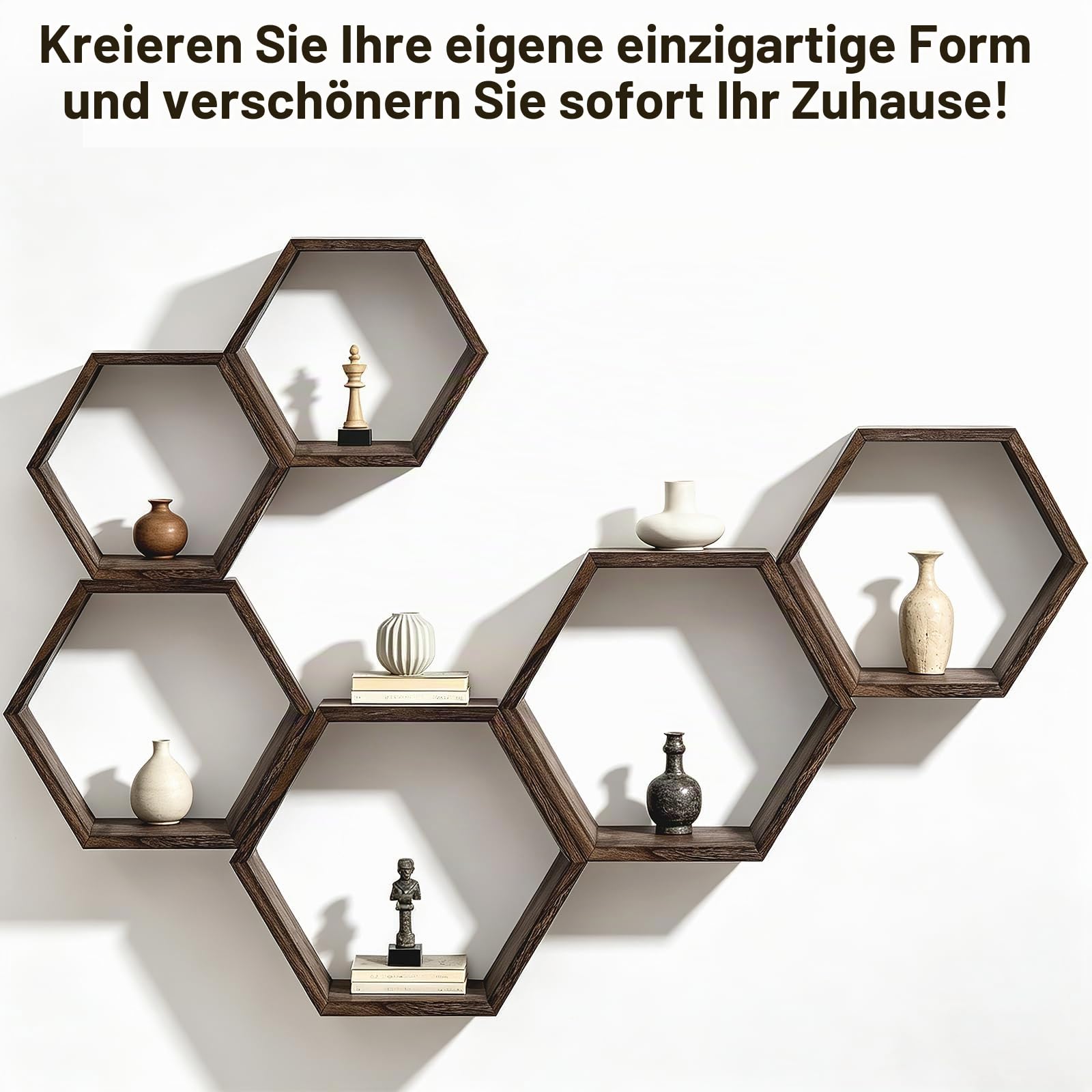 Wandregale Holz 6er Set Hexagon Schwebendes Regale für Deko, Bücher, Aufbewahrung und Organisation, Rustikale Wand Regal Wanddeko Wandregal Schwebend für Wohnzimmer & Schlafzimmer Wände