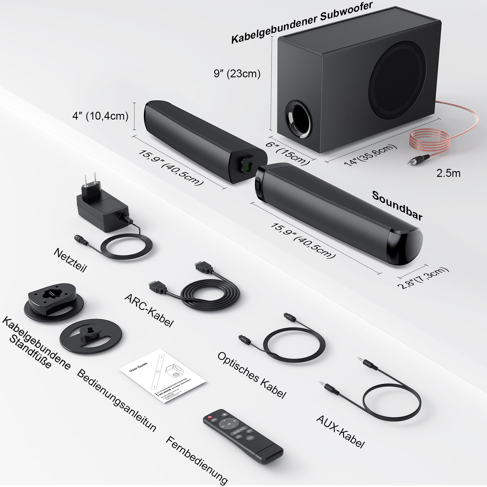 GarageRock Soundbar mit Subwoofer für TV, 110 W Peak 2-in-1 Sound Bar mit Adjustable Deep Bass, Bluetooth 5.3/ARC/Opt/AUX-Anschluss, Surround Sound System für Fernseher/PC/Projektoren/Geschenk, 1 Set