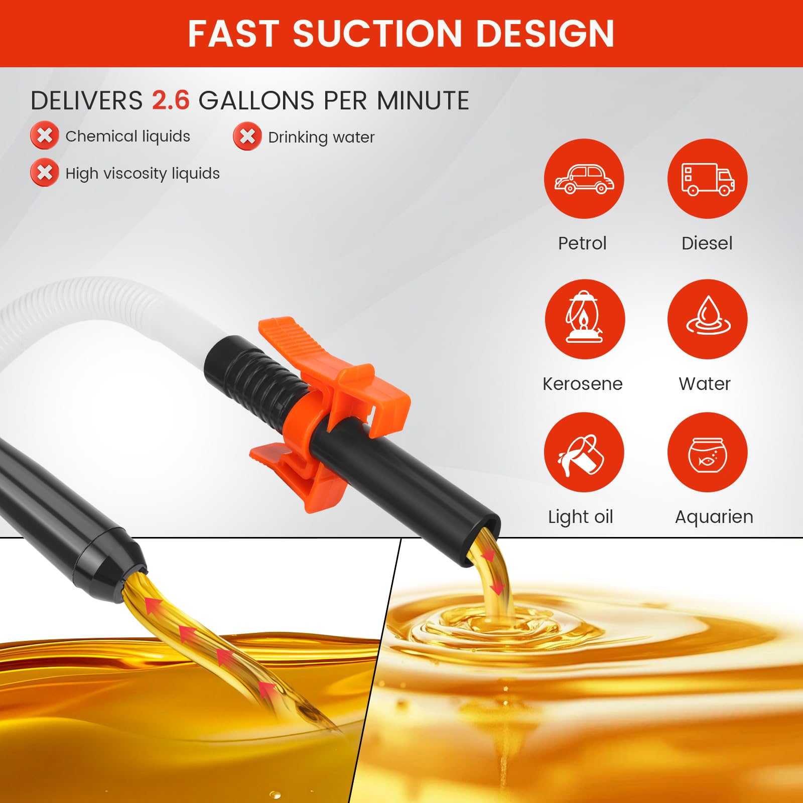 Pompa del carburante elettrica con doppio connettore (batteria+USB) – 2,8GPM 12 LPM pompa a benzina, pompa diesel e pompa dell'olio per taniche e barili – Include tubo (2,6 GPM (batteria))