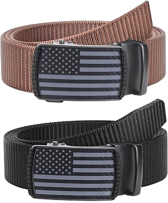 SANSTHS Nylon Ratchet Belts for Men 2 Pack, American Flag Slide Golf Belts 1 1/3", Tactical Work Web Belt 4th of July