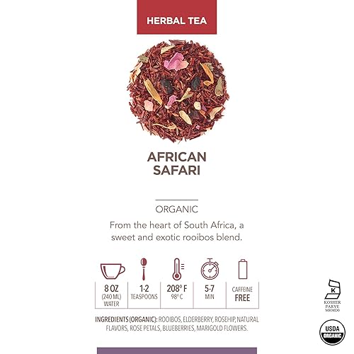 Miniatura 3 de Teabloom Té de hierbas orgánico, té de hojas sueltas de safari africano, mezcla de rooibos dulces con sabores de bayas y vainilla, orgánico