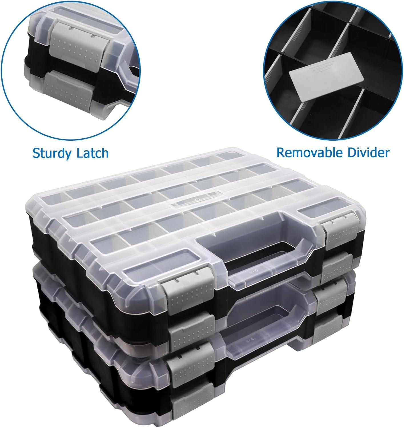 Double Side Tool Box Organizer, Hardware Storage Box, Portable Small Parts Organizer with Removable Plastic Dividers for Screws, Nuts, Nails, Bolts, Gray