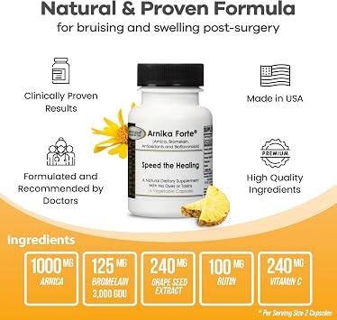 DermAvance Arnika Forte Capsules Swelling and Bruising Reducer After Surgery and Aesthetic Treatments, Antioxidants & Bioflavonoids, Arnica 1000mg, Bromelain 125mg 3000GDU - 14 Capsules