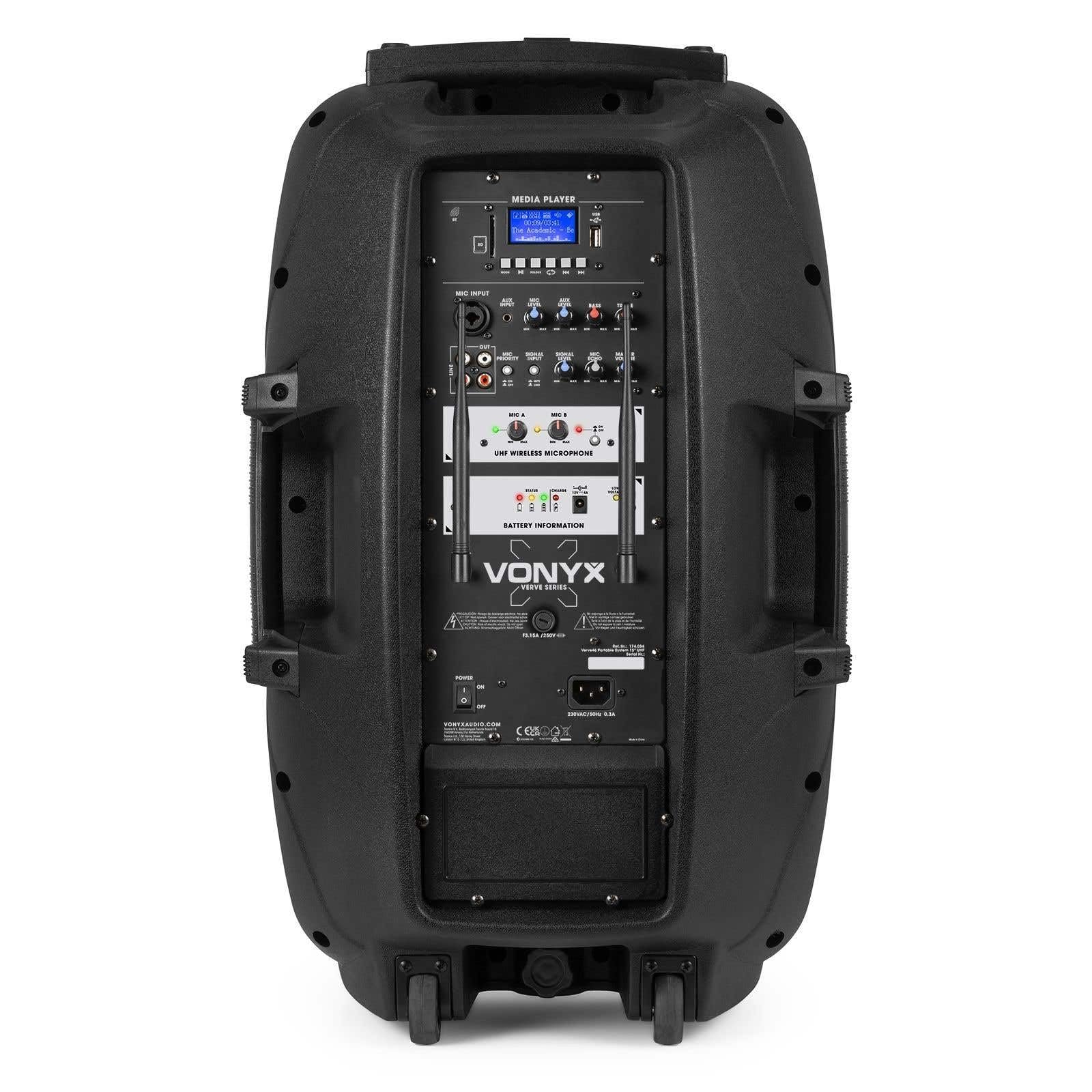 Vonyx Verve46, Akku Partybox Bluetooth Lautsprecher Groß, 1000W, 2 UHF Mikrofonen, MP3, Mobile PA Anlage Komplettset, Party Lautsprecher mit Fernbedienung - Schwarz