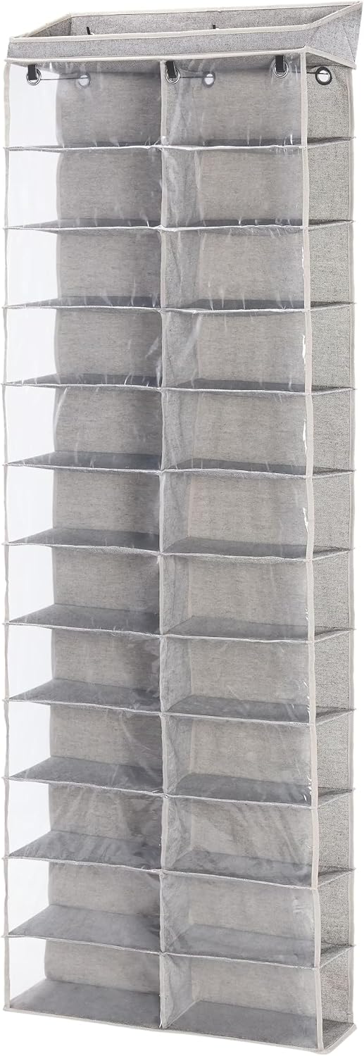 Over the Door 24-Tier Shoe Organizer Shelf with Clear Windows, Hanging Closet Organizer - Polyester & Cotton