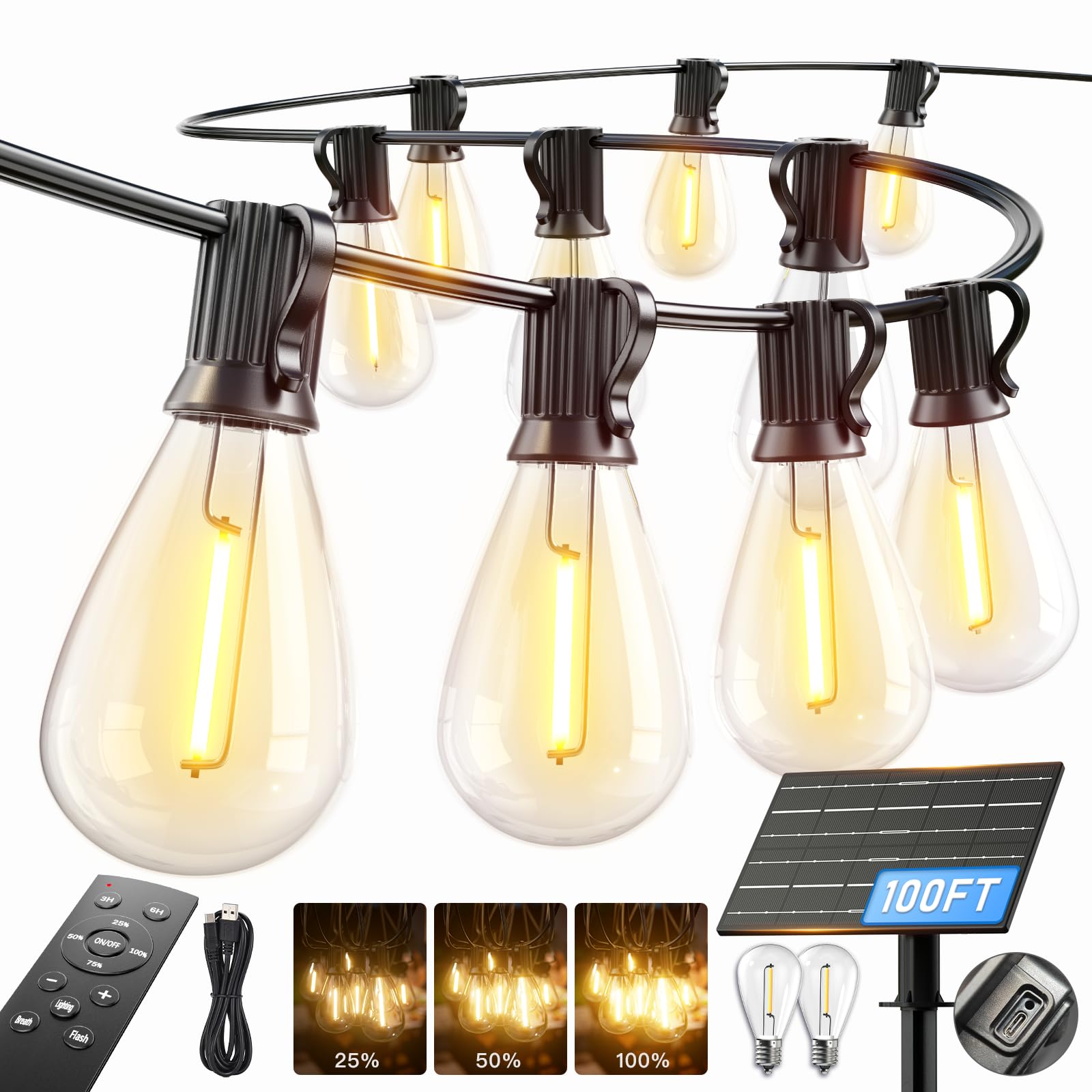 100FT Solar String Lights Outdoor Waterproof, 35+1 LED Solar Powered Lights with Remote Control, 3 Light Modes & Dimmable, USB-C Charging for Patio, Backyard, Garden, Camping