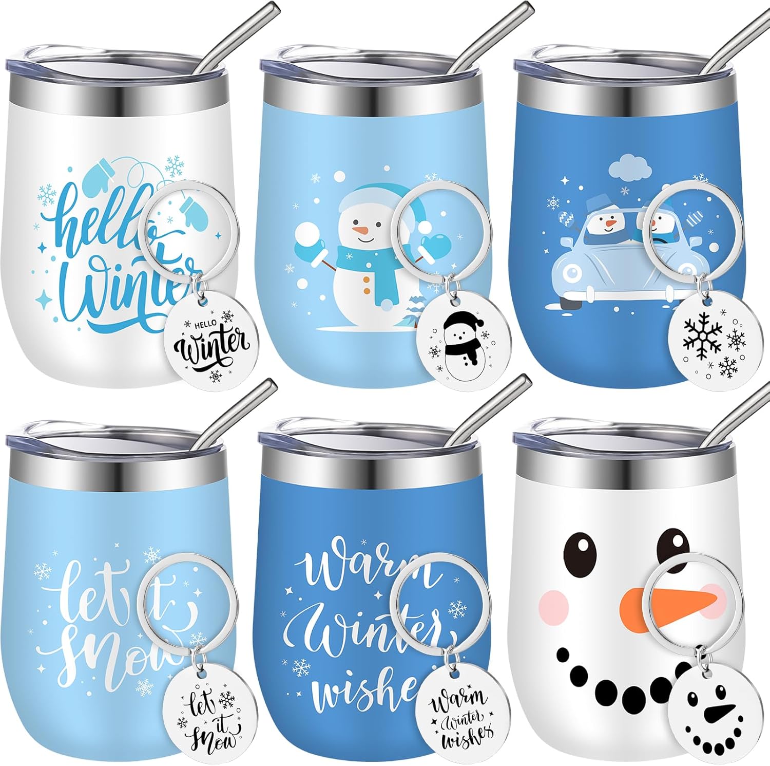 6 Set Christmas Wine Tumbler with Lid and Straw 12 Oz Christmas Stainless Steel Wine Tumbler with Keychains, Winter Snowman Insulated Travel Coffee Mug Xmas Gifts for Women Men Xmas Wedding Party