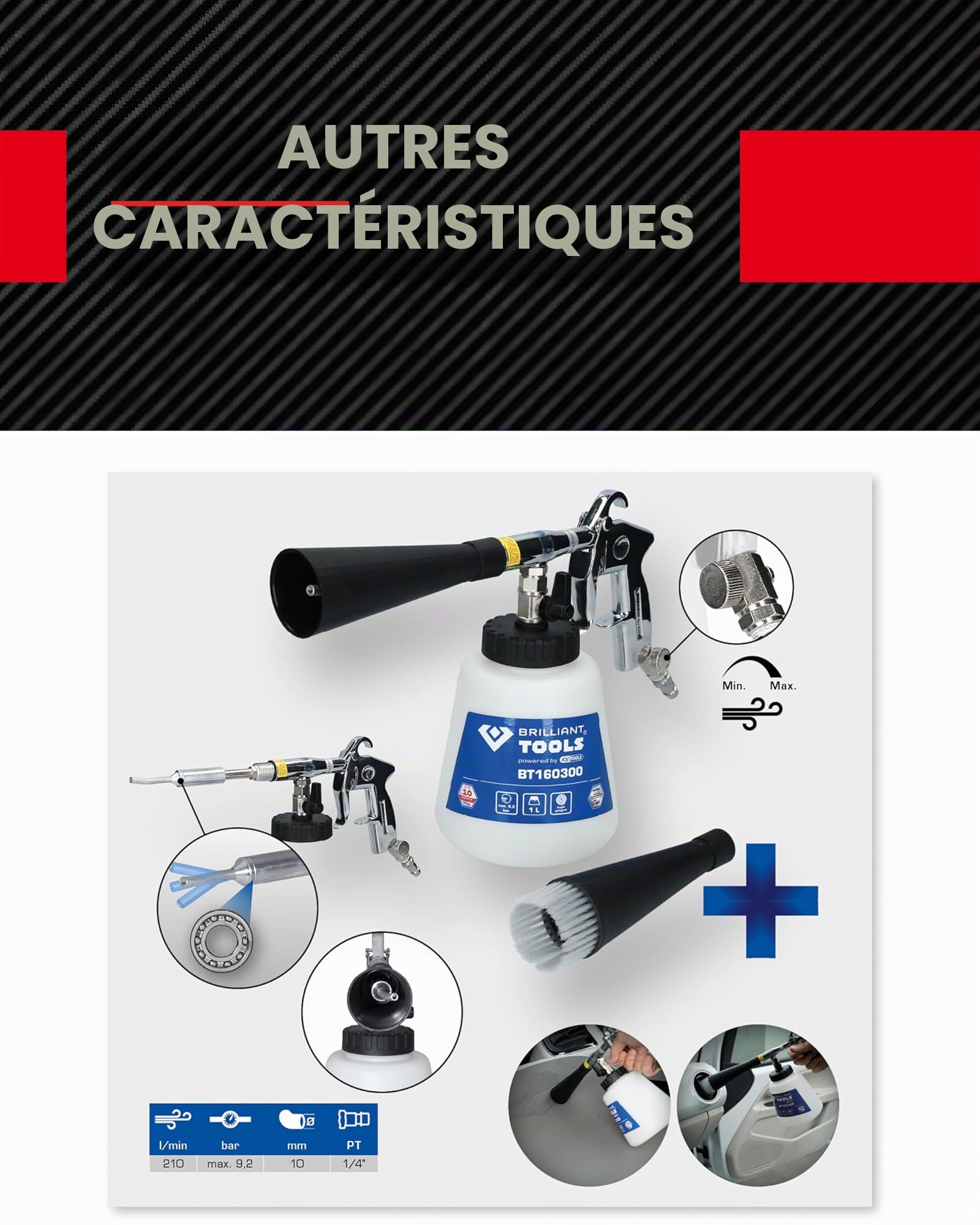 Pistolet Pneumatique De Nettoyage BT160300 - Accessoires Pneumatique pour Nettoyage Véhicule - Buse Rotative - Toutes Surfaces - Manche Ergonomique - Livré avec Raccord Rapide 1/4” - BRILLIANT TOOLS
