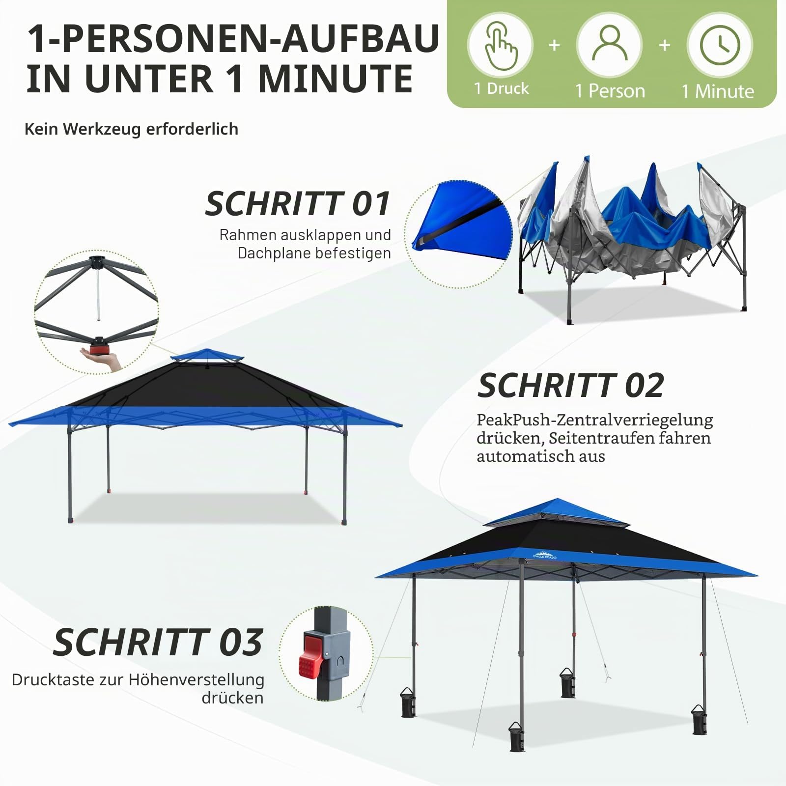 EAGLE PEAK Schräge Beine Faltbar Pavillon 4x4m Wasserdicht Camping Pop-up Faltpavillon mit Seitenteil, inkl. Rucksack, Blau/Schwarz