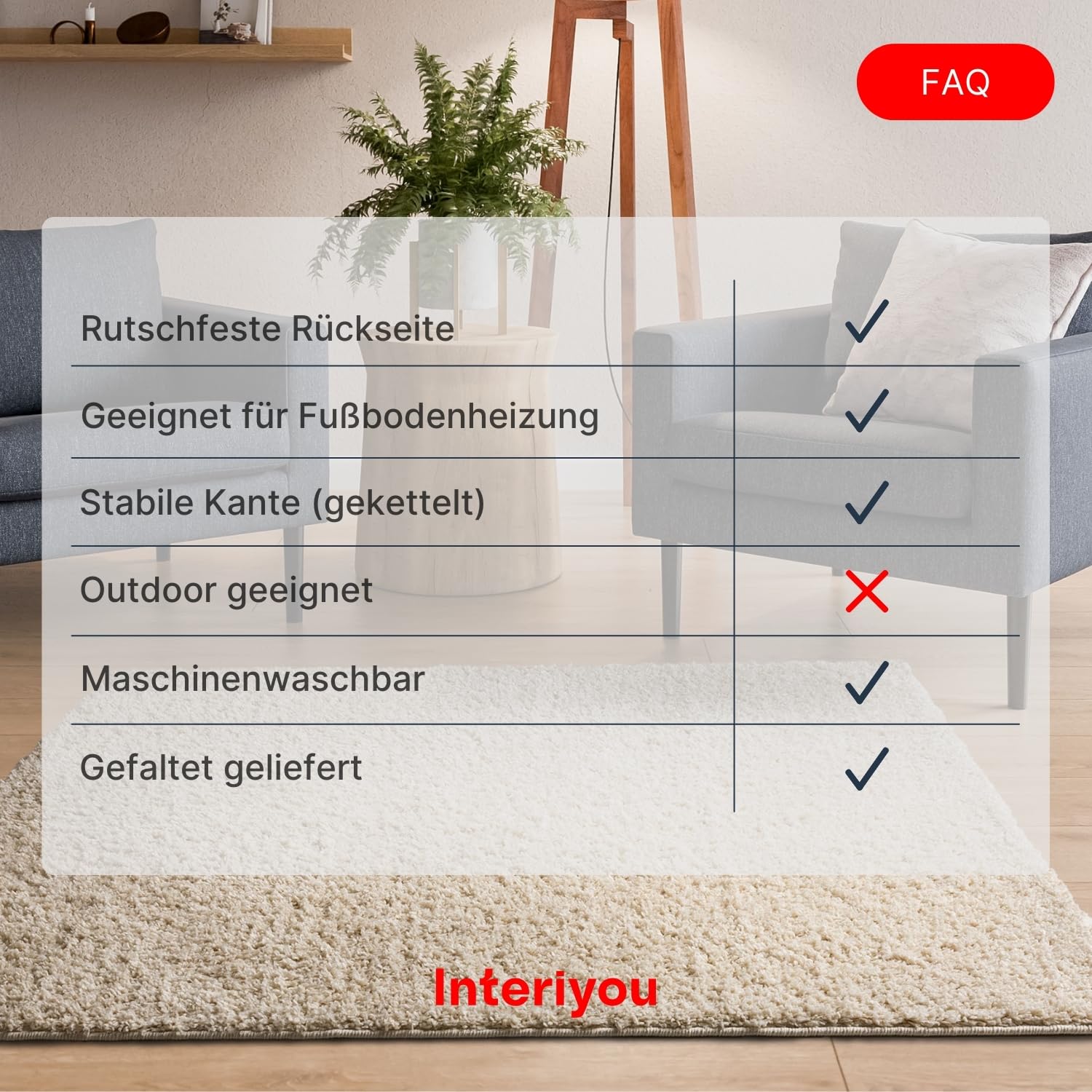Interiyou Hochflor Teppich Sofia - 160x160 cm Creme - flauschig und einfarbig - waschbar und rutschfest - weicher Langflor