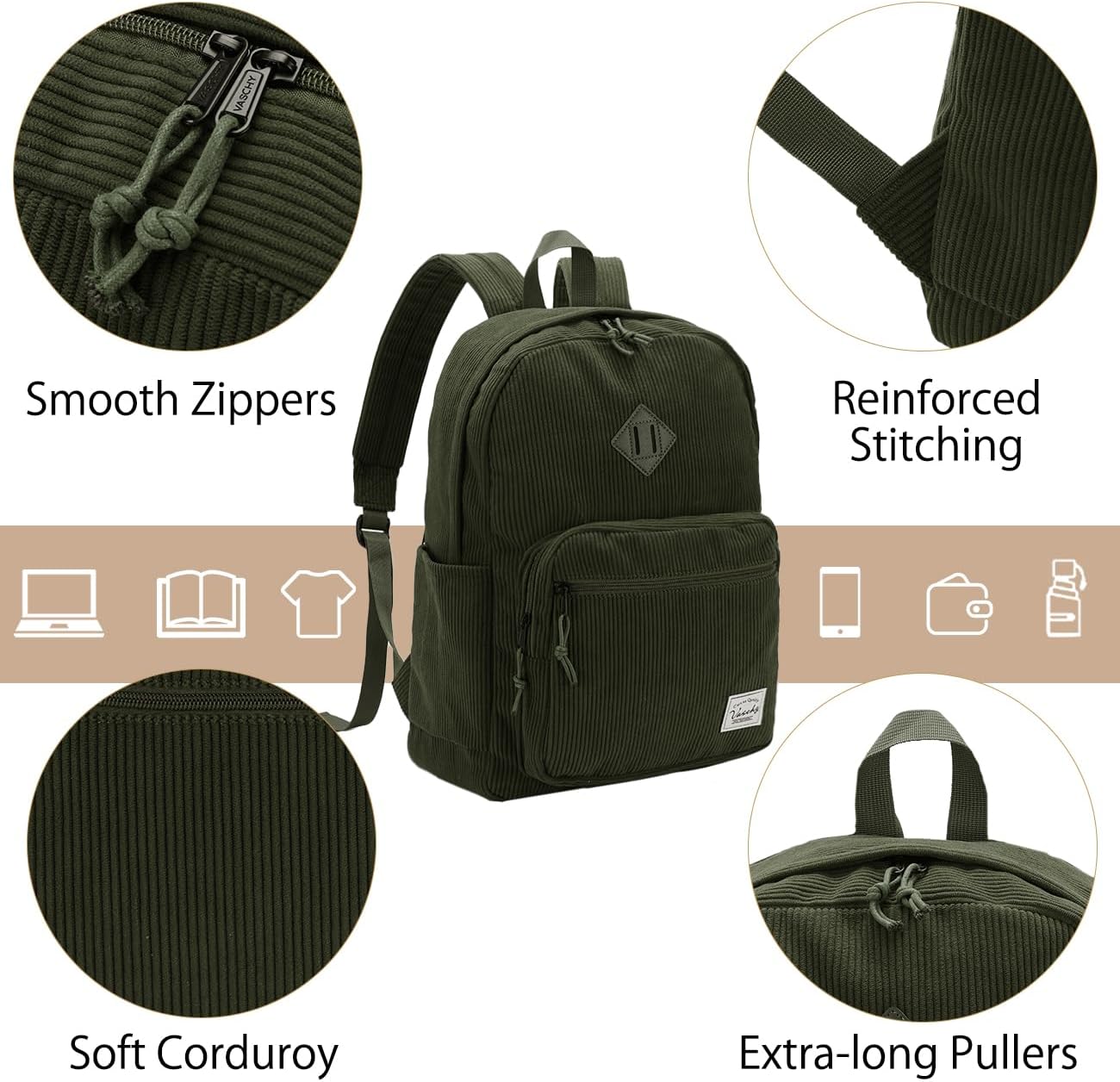 VASCHY Corduroy Travel Backpack, Vintage Casual Kawaii Cute Aesthetic Fuzzy Fluffy Plush Fleece Rucksack Daypack for School Teens/Man/Women Dark Green - Image 3