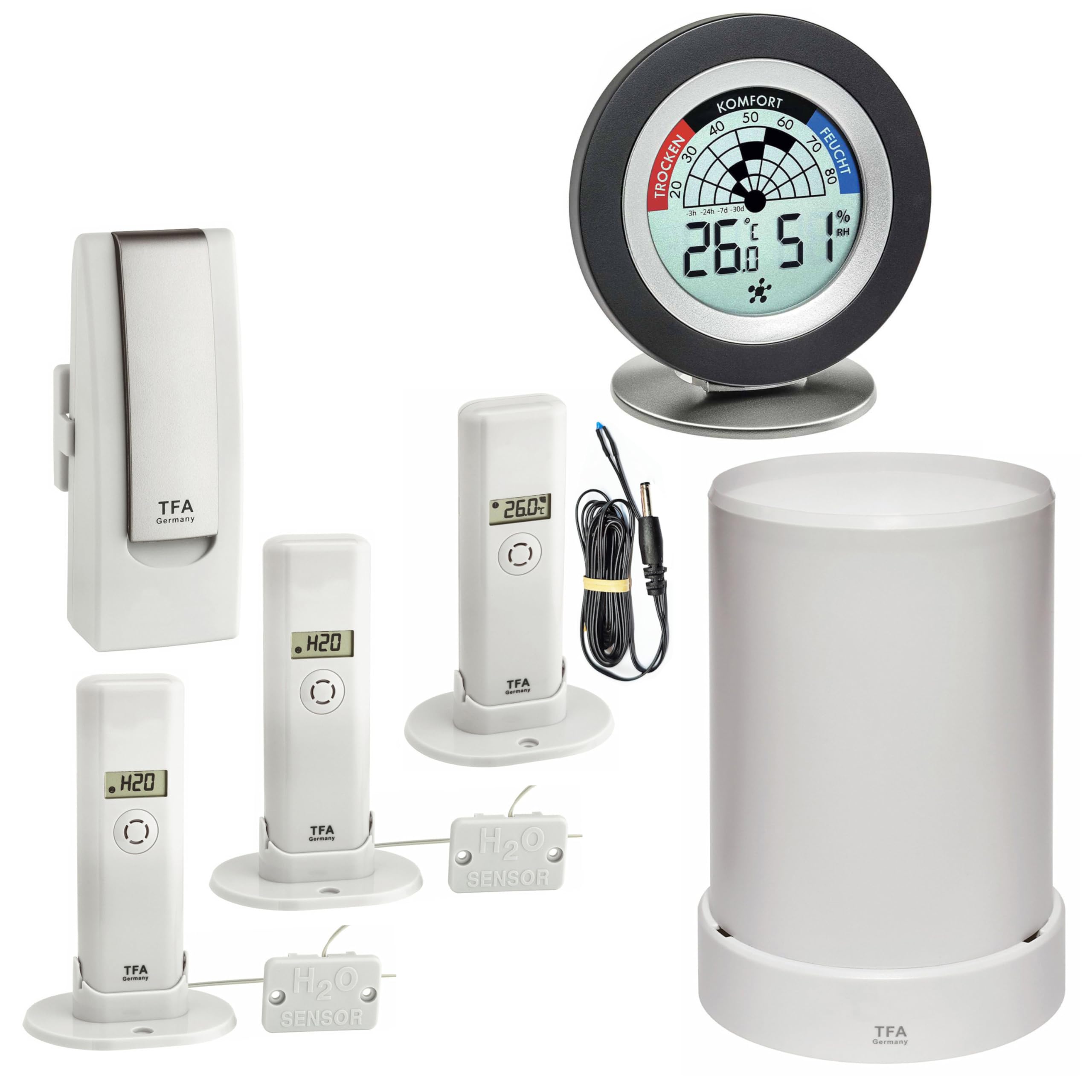 TFA Dostmann 31.4000.02.42 Kit di sorveglianza per la vostra casa, pluvietro, trasmettitore termoigro con rilevatore d'acqua e sensore di temperatura speciale, Cosy Radar, app di monitoraggio Wi-Fi