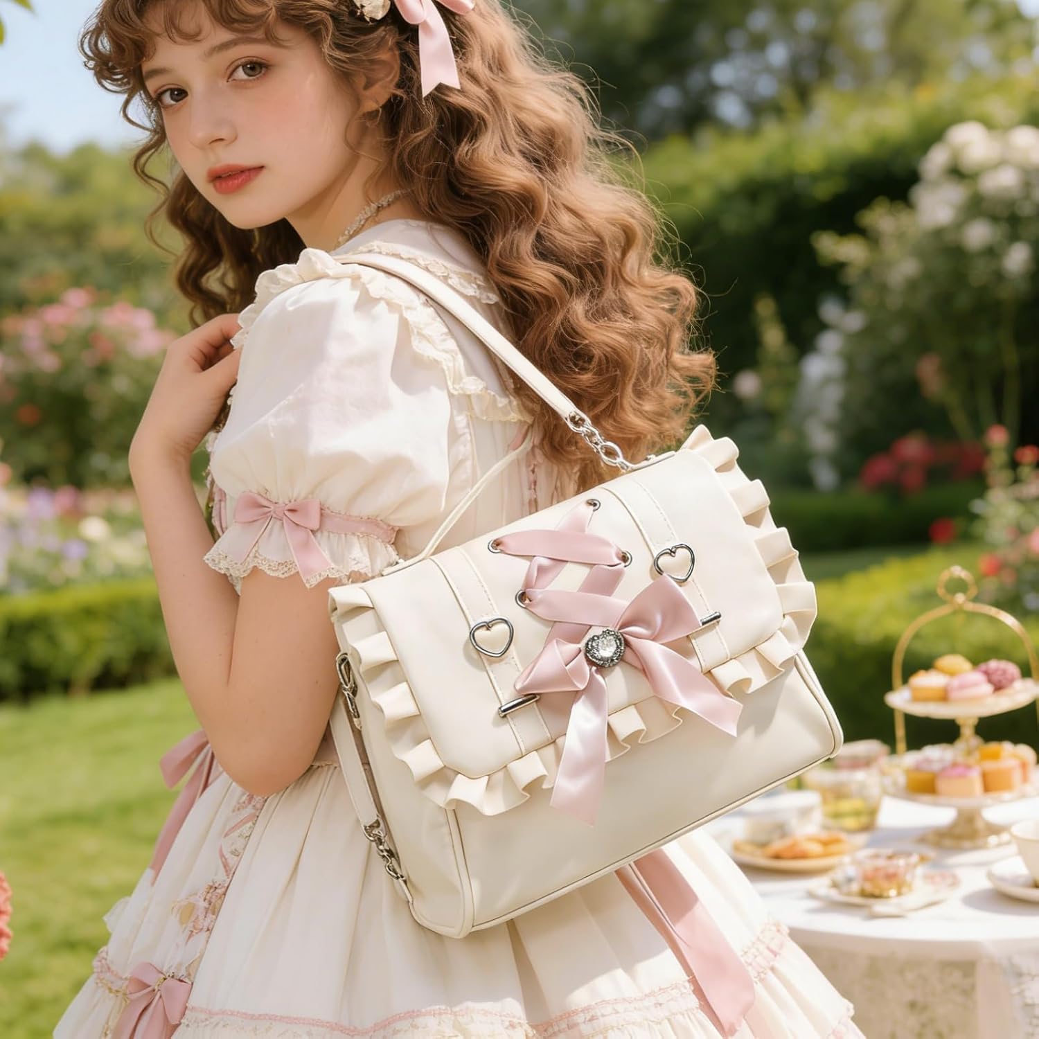 Bow Purse Cutecore Backpack, Satchel Crossbody Japanese Bag with Ruffle (Beige)