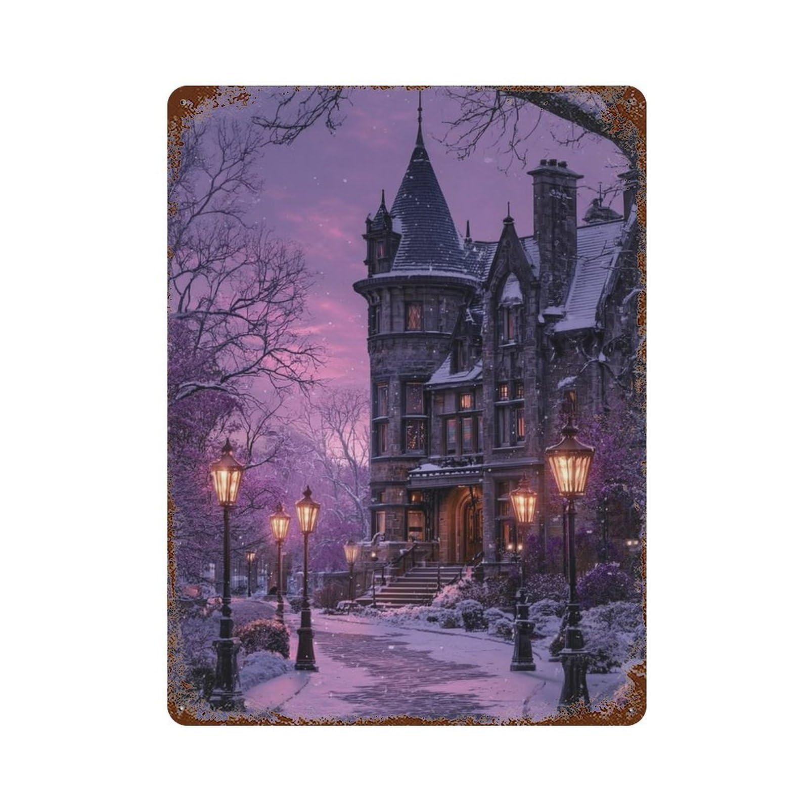 Winter Wonderland Castle Rusty Metal Tin Sign 15.7"x11.8", Ideal for Patio, Garden Room And Bar Decor