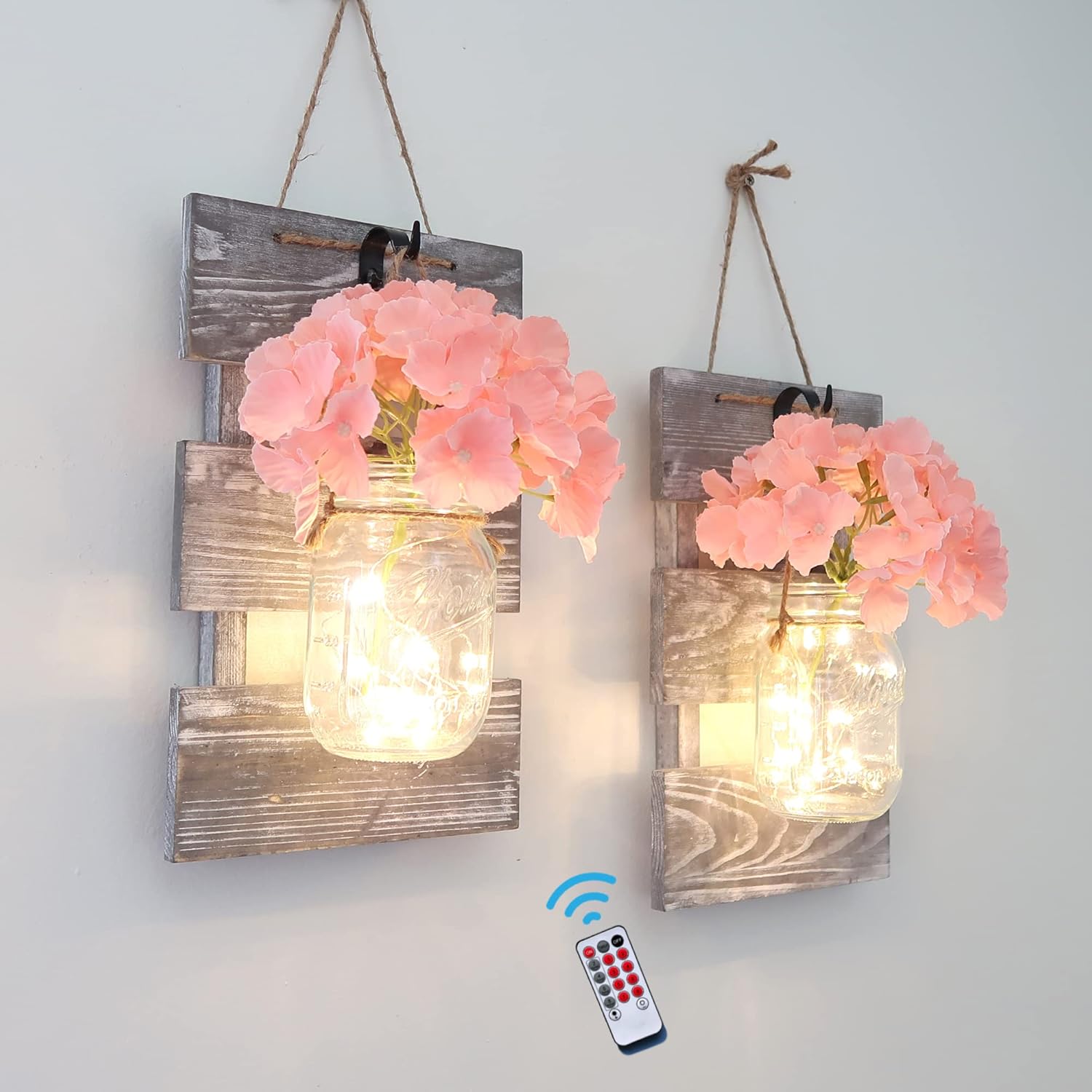 Besuerte Rustic Wall Decor, Wall Hanging Decor Farmhouse Wall Sconces Set of Two with LED Fairy Lights and Pink Flowers, Wall Decor for Dining Room, Living Room, Home Decor(Large,Rustic Gray)