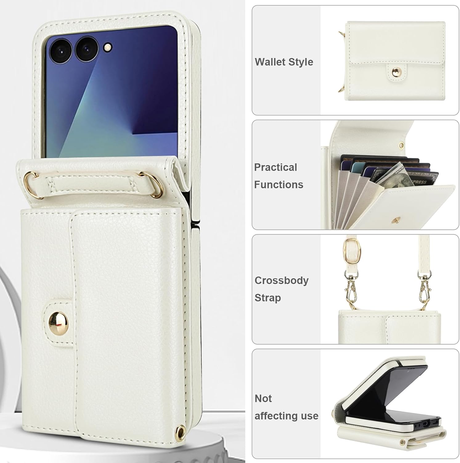 Phone Case for Samsung Galaxy Z Flip 7 5G Wallet Cover with Crossbody Wrist Strap Lanyard Credit Card Holder Slot Stand RFID Blocking Cell leather ZFlip 7Z Z7 G Flip7 ZFlip7 Women Men Girls White
