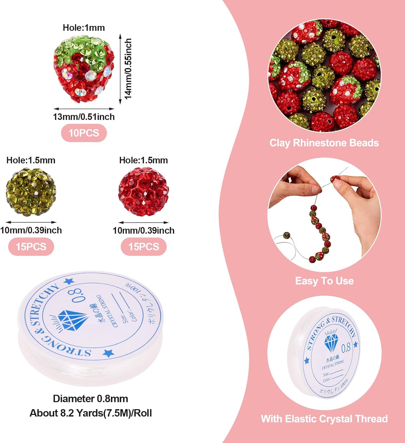 Beadthoven 40pcs Strawberry Clay Rhinestone Beads 10mm Round Crystal Glass Disco Ball Beads Red Green Craft Beads Bling Gem Diamond Beads for Bracelet Necklace Keychain Jewelry Making DIY Supplies - Image 2