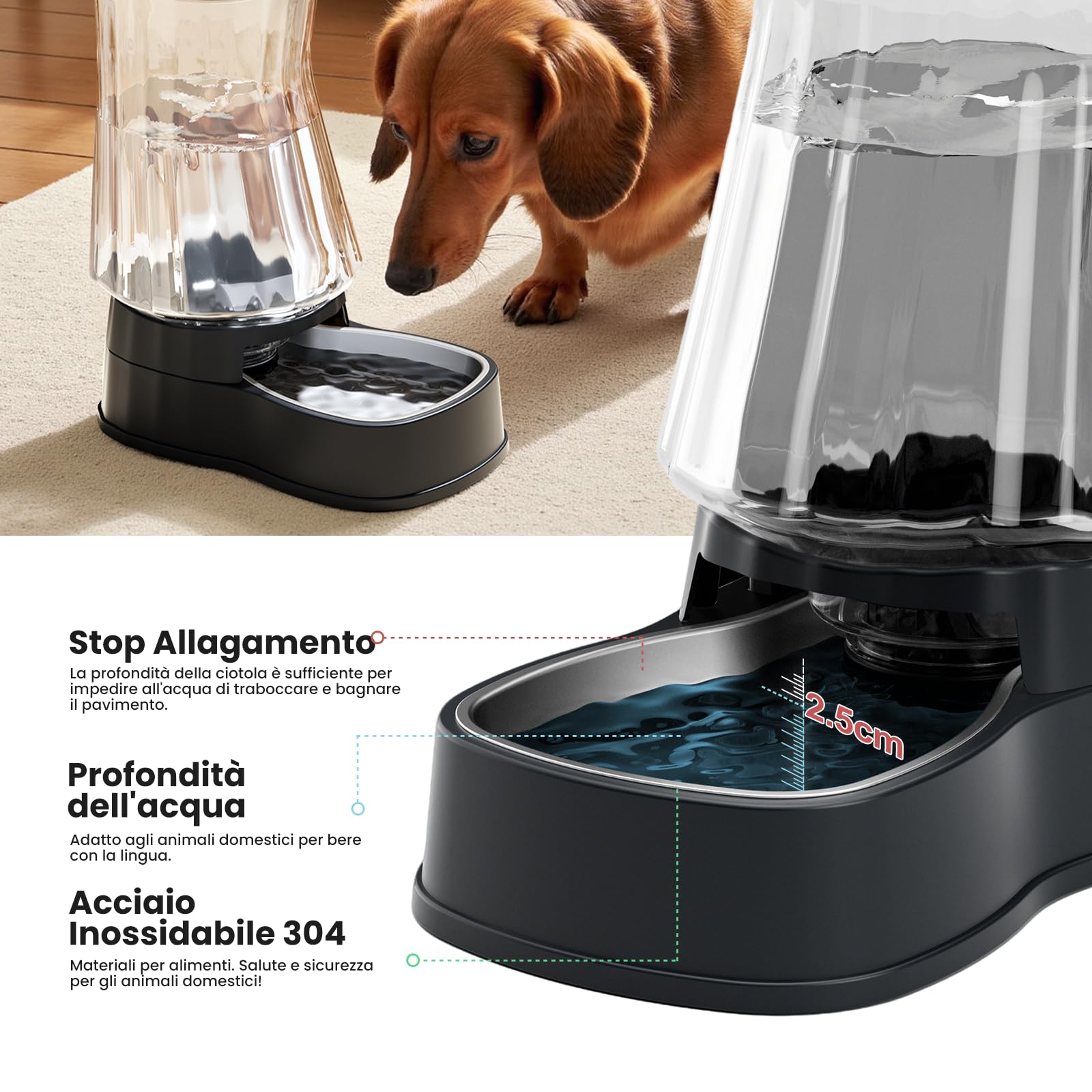 Gardner Pet 3.85L Dispenser Acqua Gatti, Dispenser Acqua Cani con Ciotola in Acciaio Inox, GravitÀ Abbeveratoio per Cani Non è Richiesta ElettricitÀ, Senza BPA, Nero