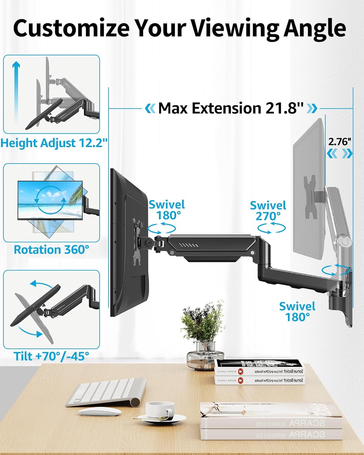 MOUNTUP Single Monitor Wall Mount for Max 32 Inch Computer Screen, Fully Adjustable Monitor Arm, Wall Mount Monitors Holder Support 4.4-19.8lbs Display, VESA Bracket Fit 75x75mm, 100x100mm