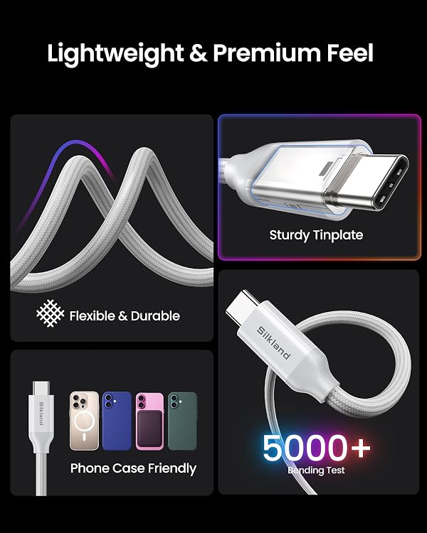 Silkland USB 4 Cable for Thunderbolt 4 [5FT/1.5M], 40Gbps Data Sync, 8K/5K@60Hz, 240W Fast Charging, USB C Thunderbolt Cable, Compatible for MacBook, iPhone 16, iPad, SSD, Docking, eGPU, White by Silkland - Image 5