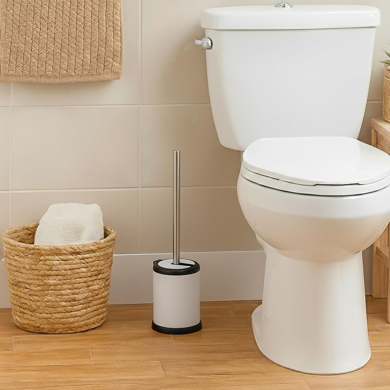 Bath Toilet Bowl Brush Holder with Folding Lid (White)